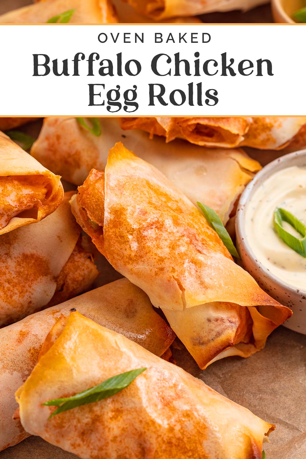 Pin graphic for buffalo chicken egg rolls.