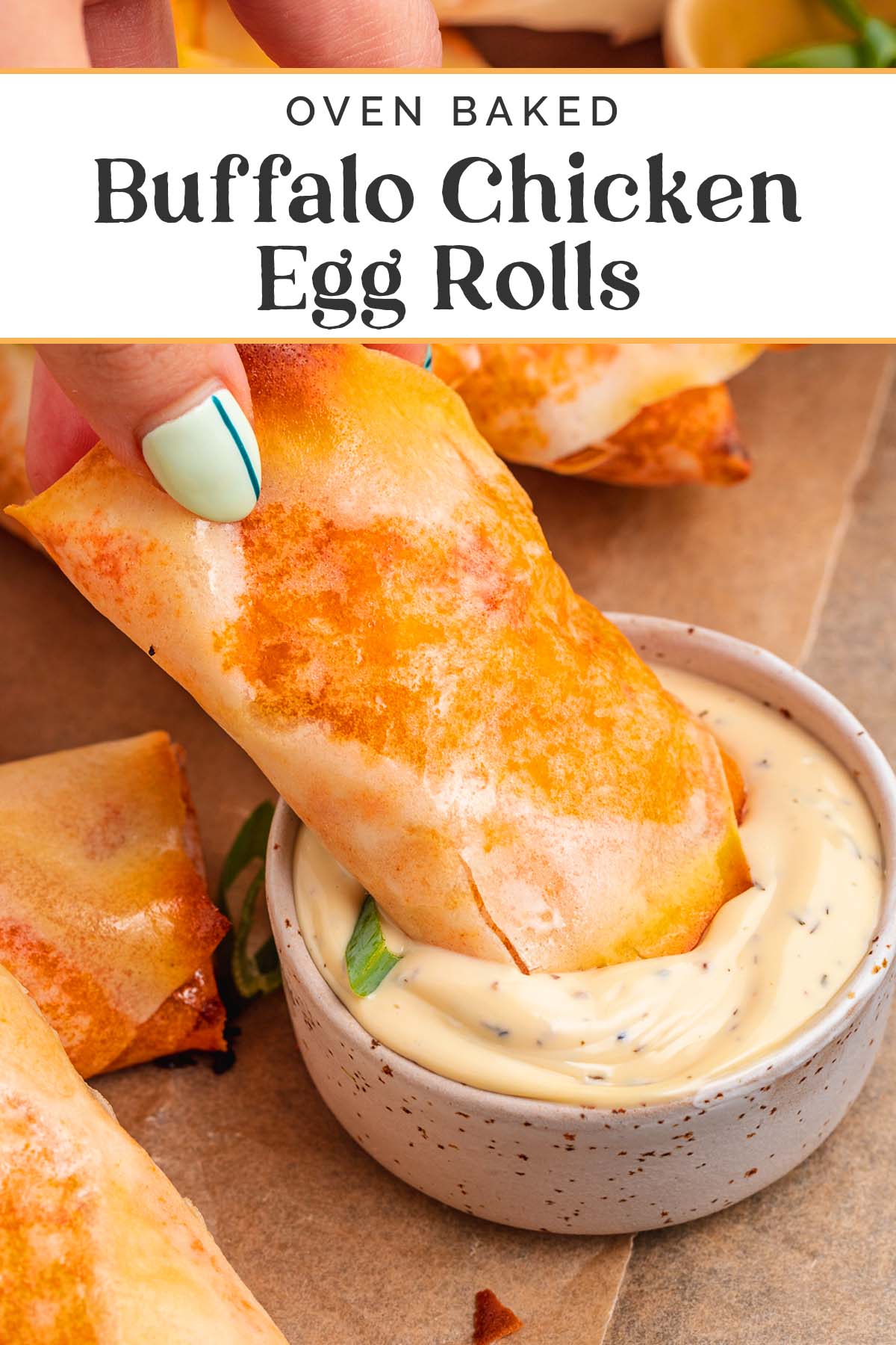 Pin graphic for buffalo chicken egg rolls.