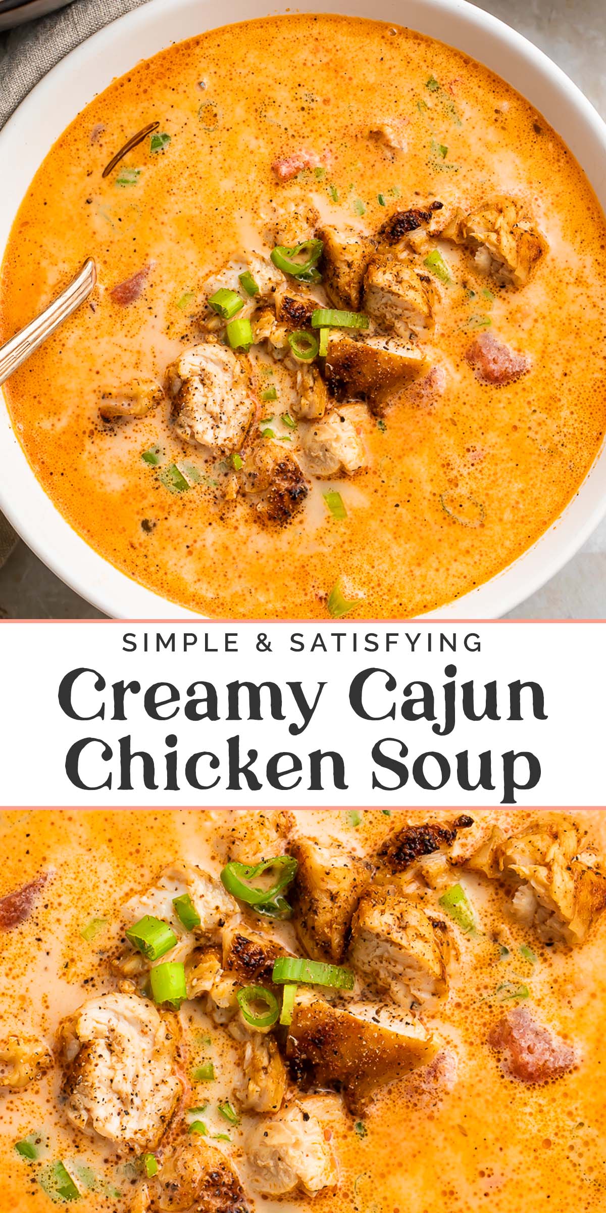 Pin graphic for creamy cajun chicken soup.