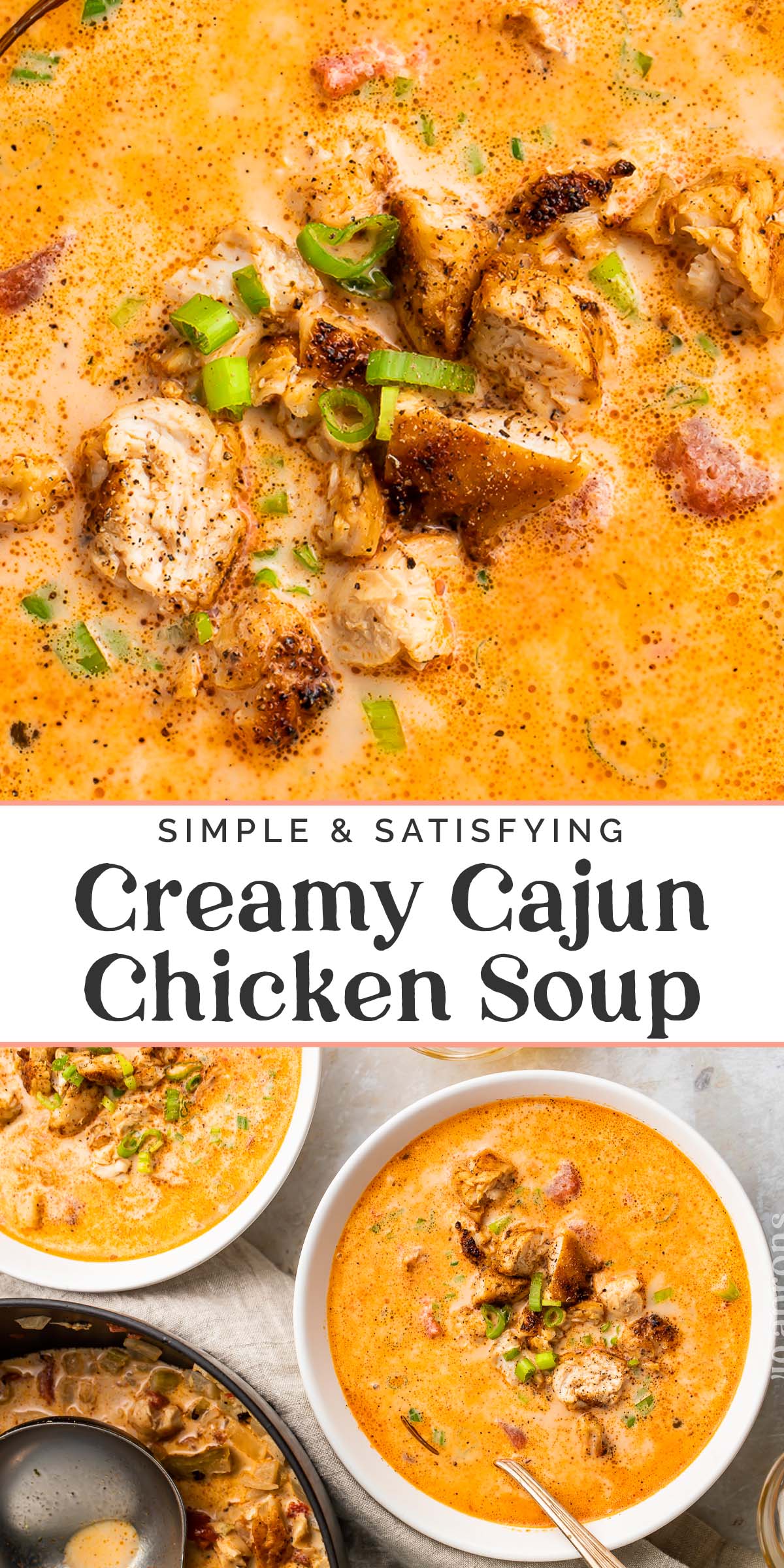 Pin graphic for creamy cajun chicken soup.