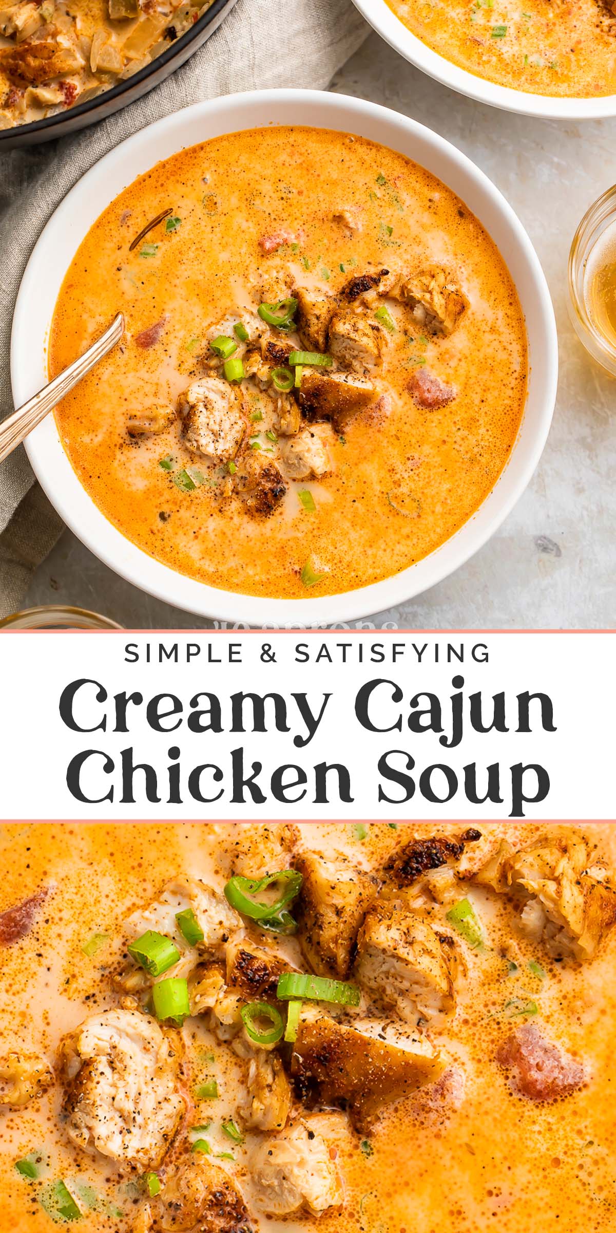 Pin graphic for creamy cajun chicken soup.