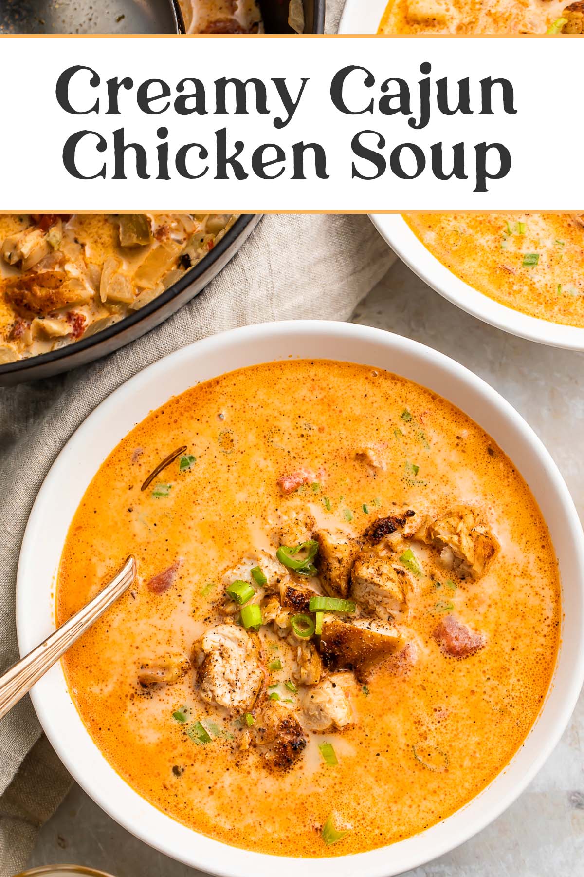 Pin graphic for creamy cajun chicken soup.