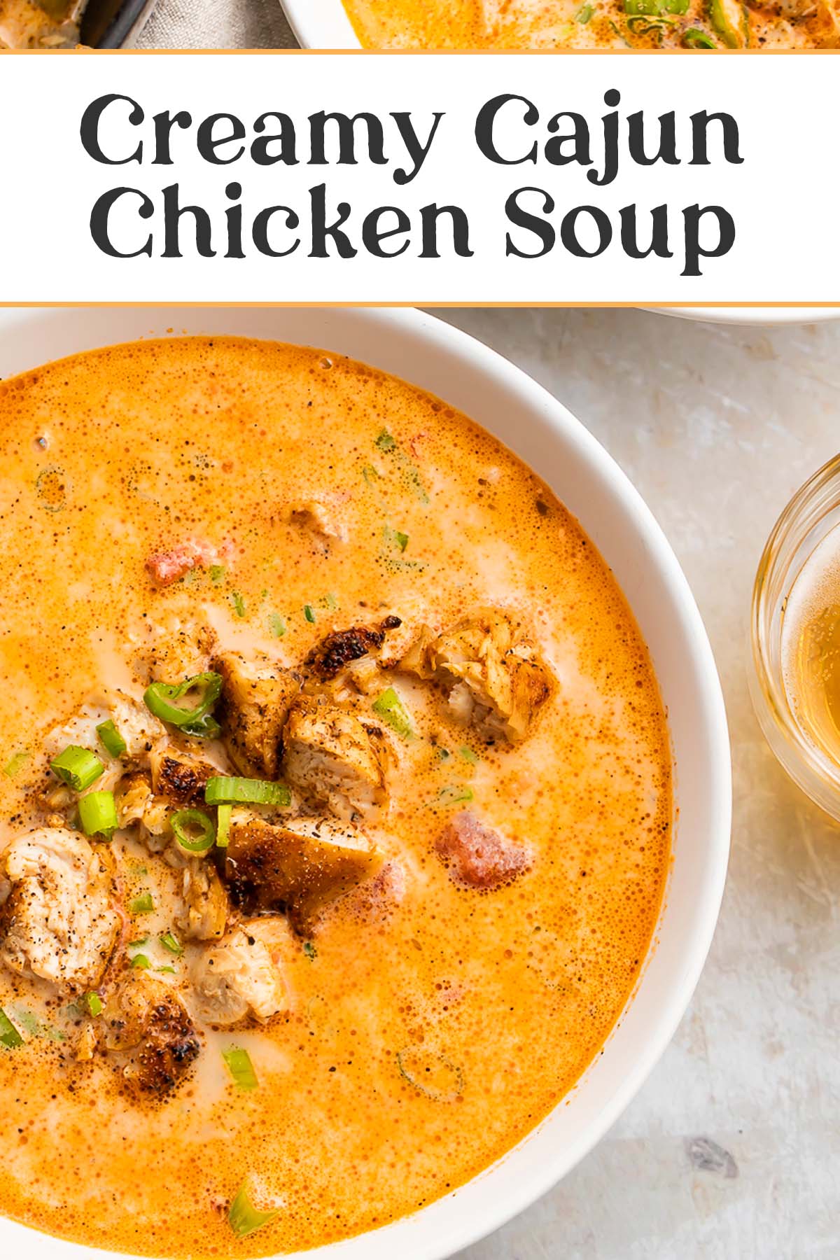 Pin graphic for creamy cajun chicken soup.