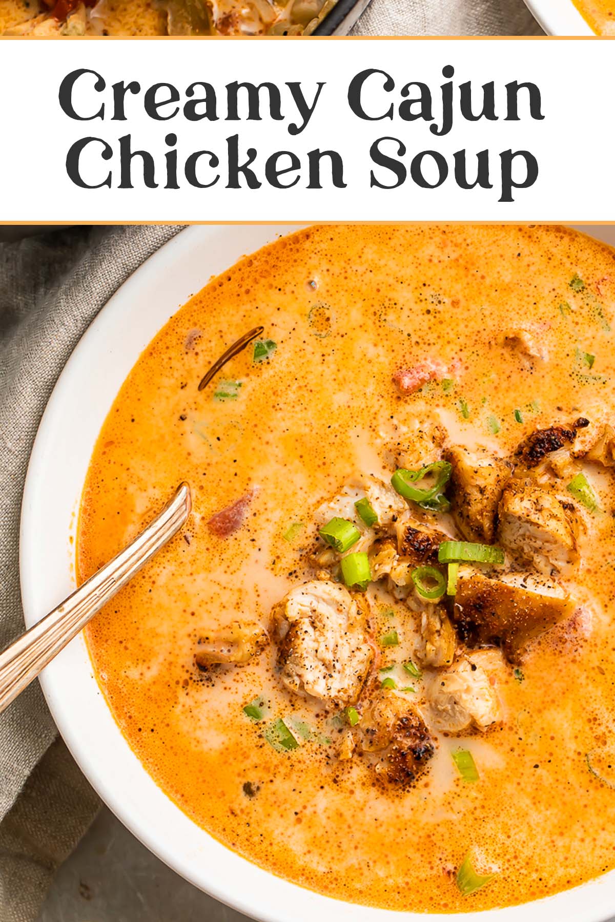 Pin graphic for creamy cajun chicken soup.