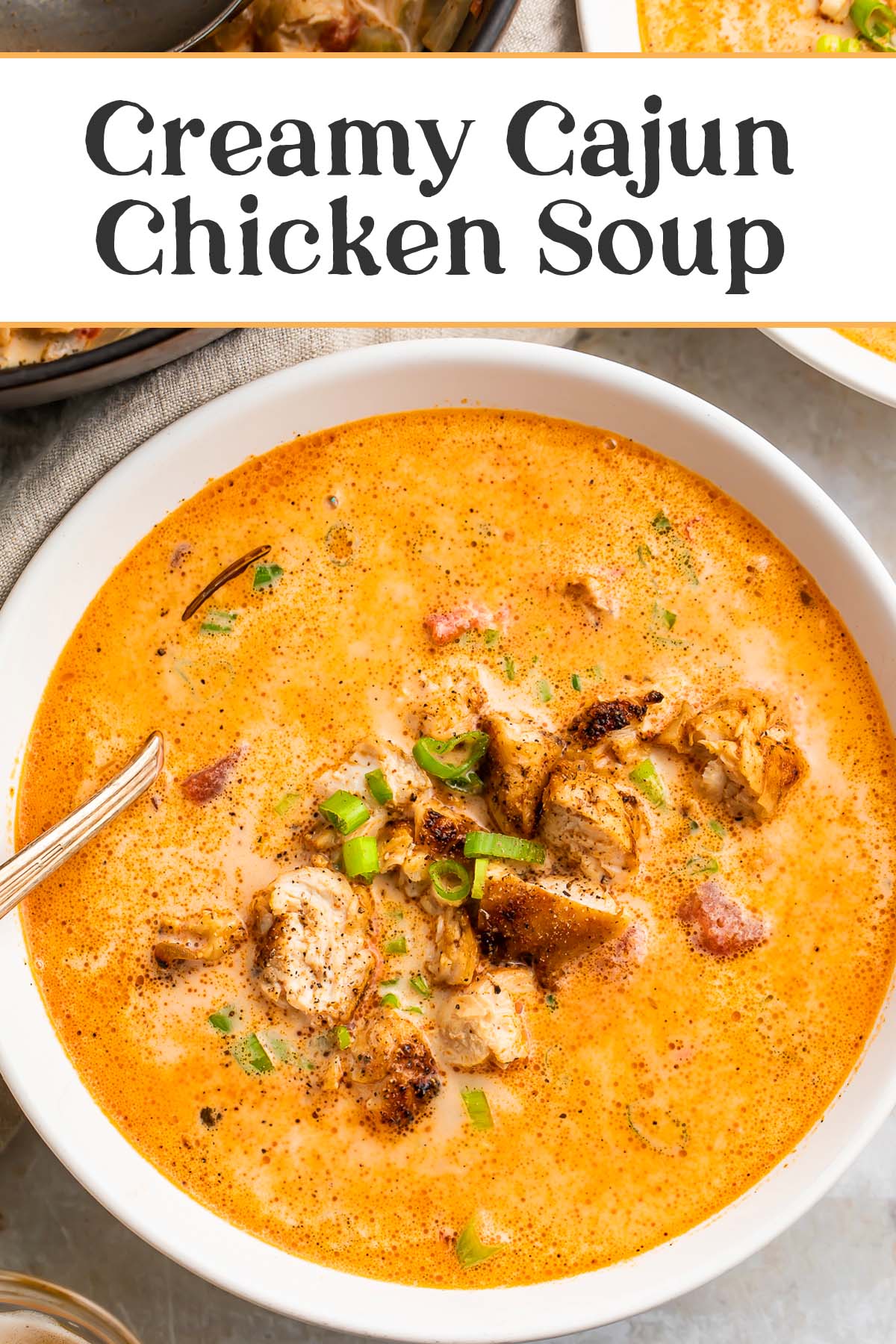 Pin graphic for creamy cajun chicken soup.