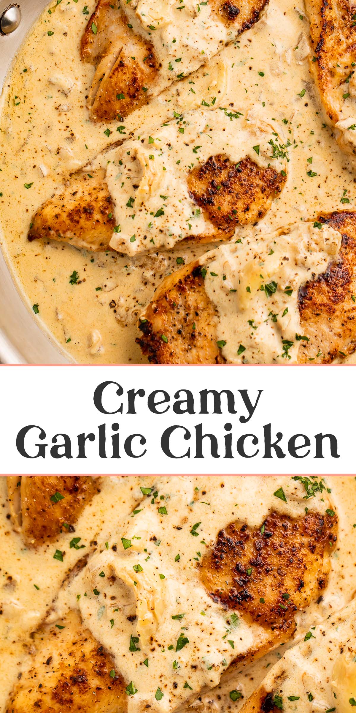 Pin graphic for creamy garlic chicken.