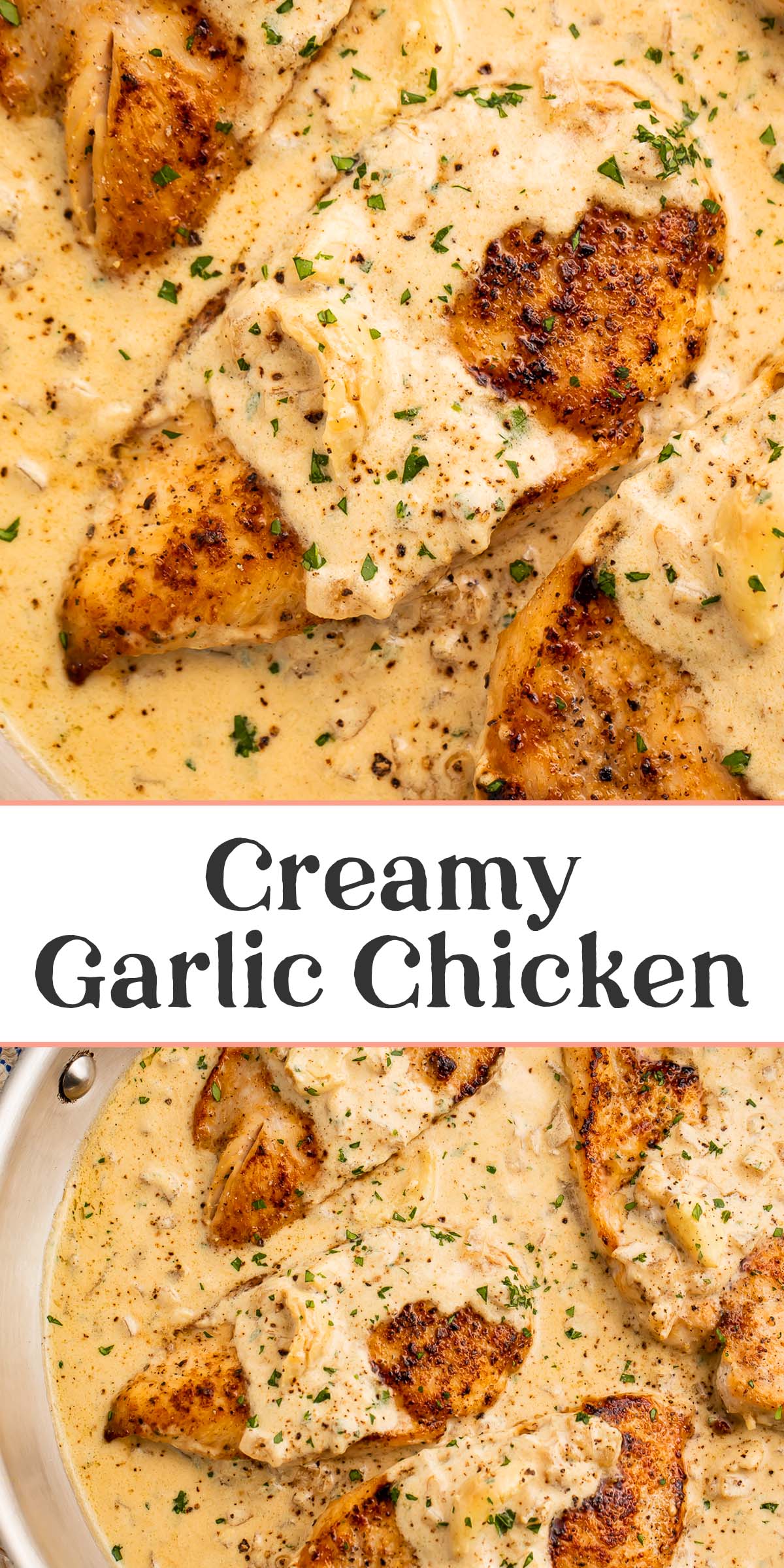 Pin graphic for creamy garlic chicken.