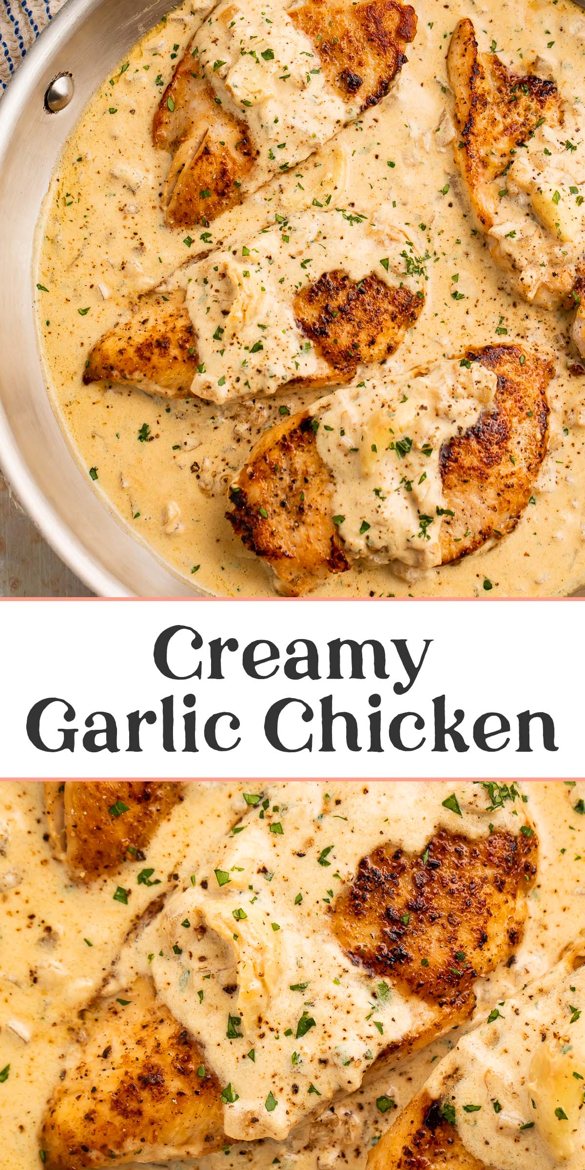 Pin graphic for creamy garlic chicken.