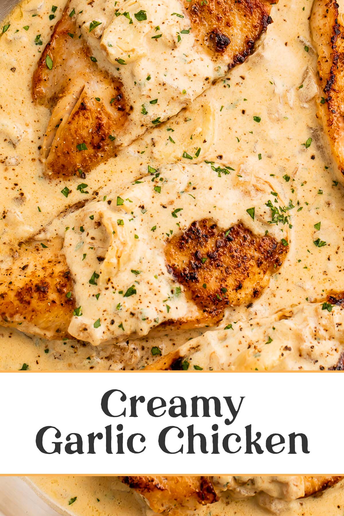 Pin graphic for creamy garlic chicken.