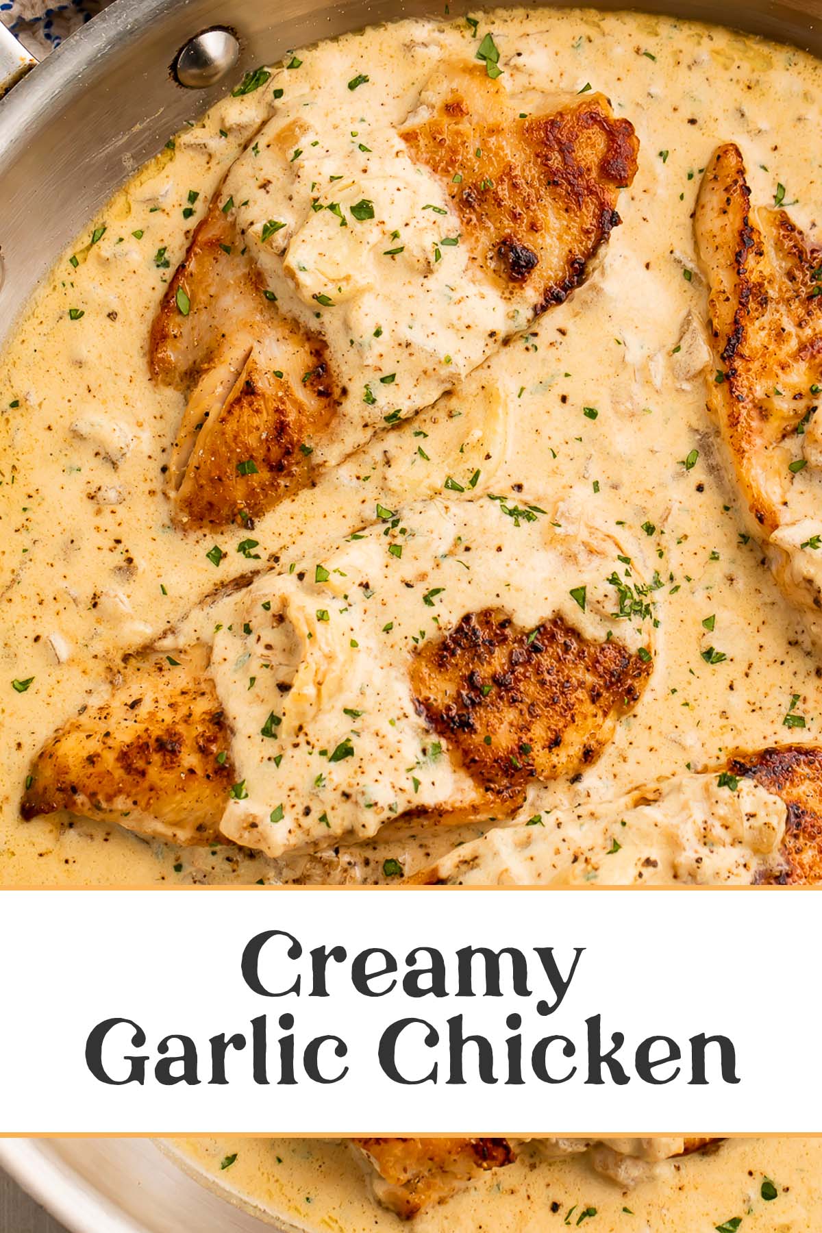 Pin graphic for creamy garlic chicken.