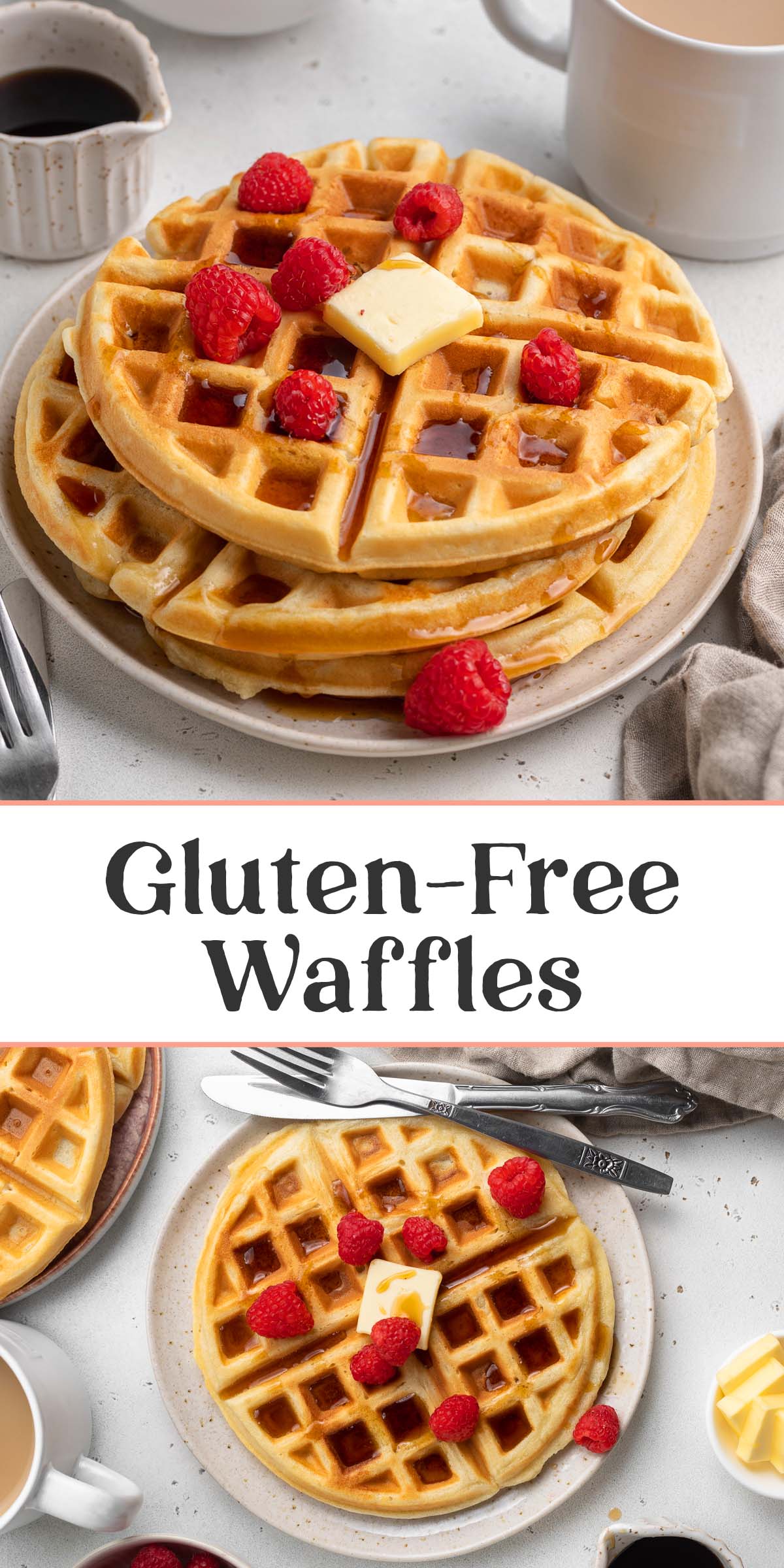 Pin graphic for gluten-free waffles.