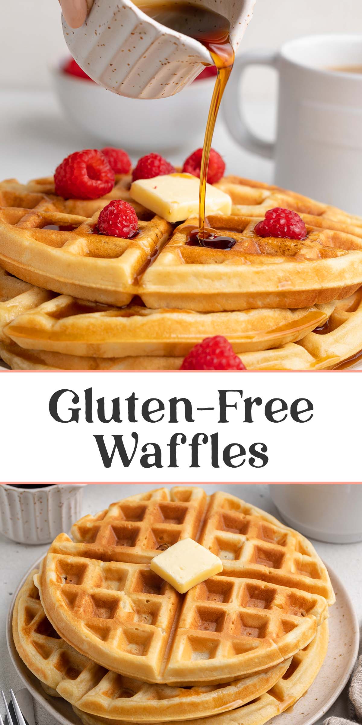 Pin graphic for gluten-free waffles.