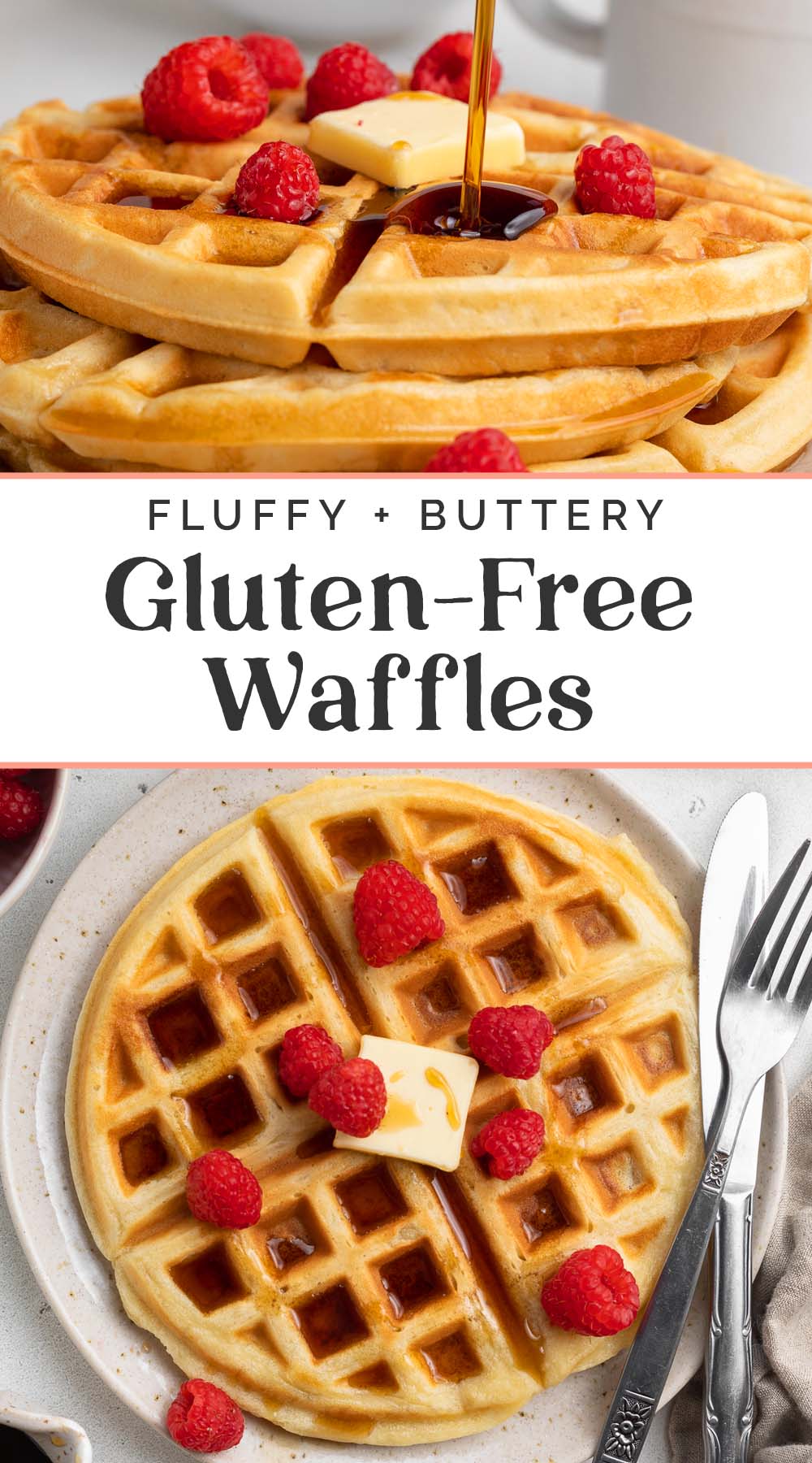 Pin graphic for gluten-free waffles.