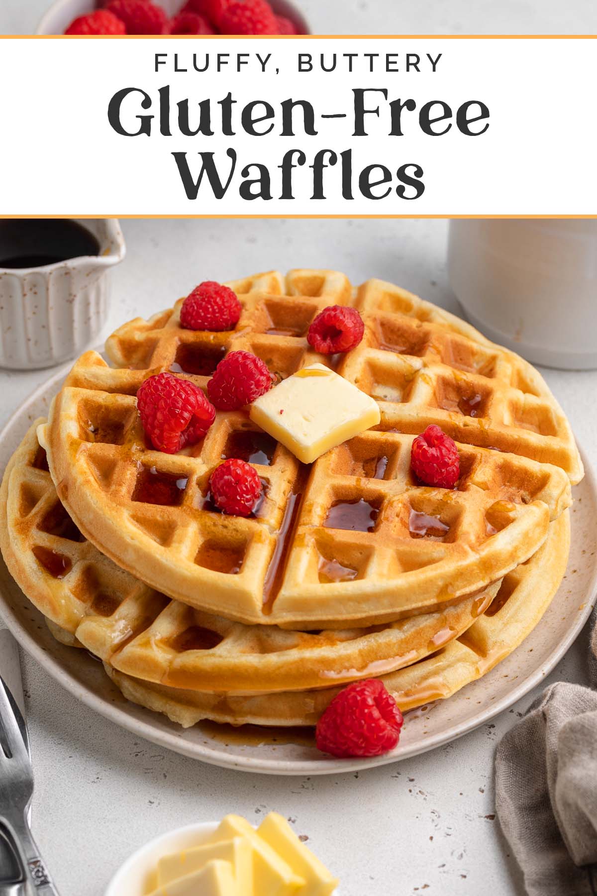 Pin graphic for gluten-free waffles.