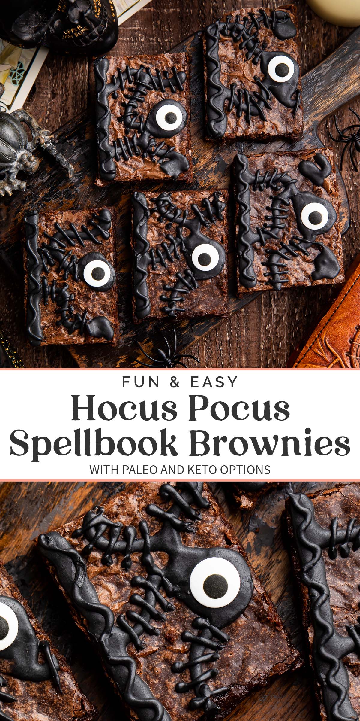 Pin graphic for Hocus Pocus spellbook brownies.