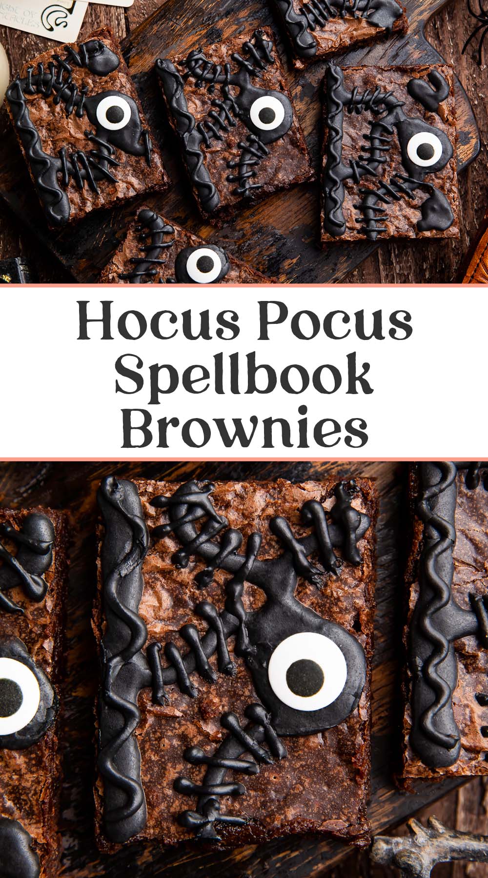 Pin graphic for Hocus Pocus spellbook brownies.