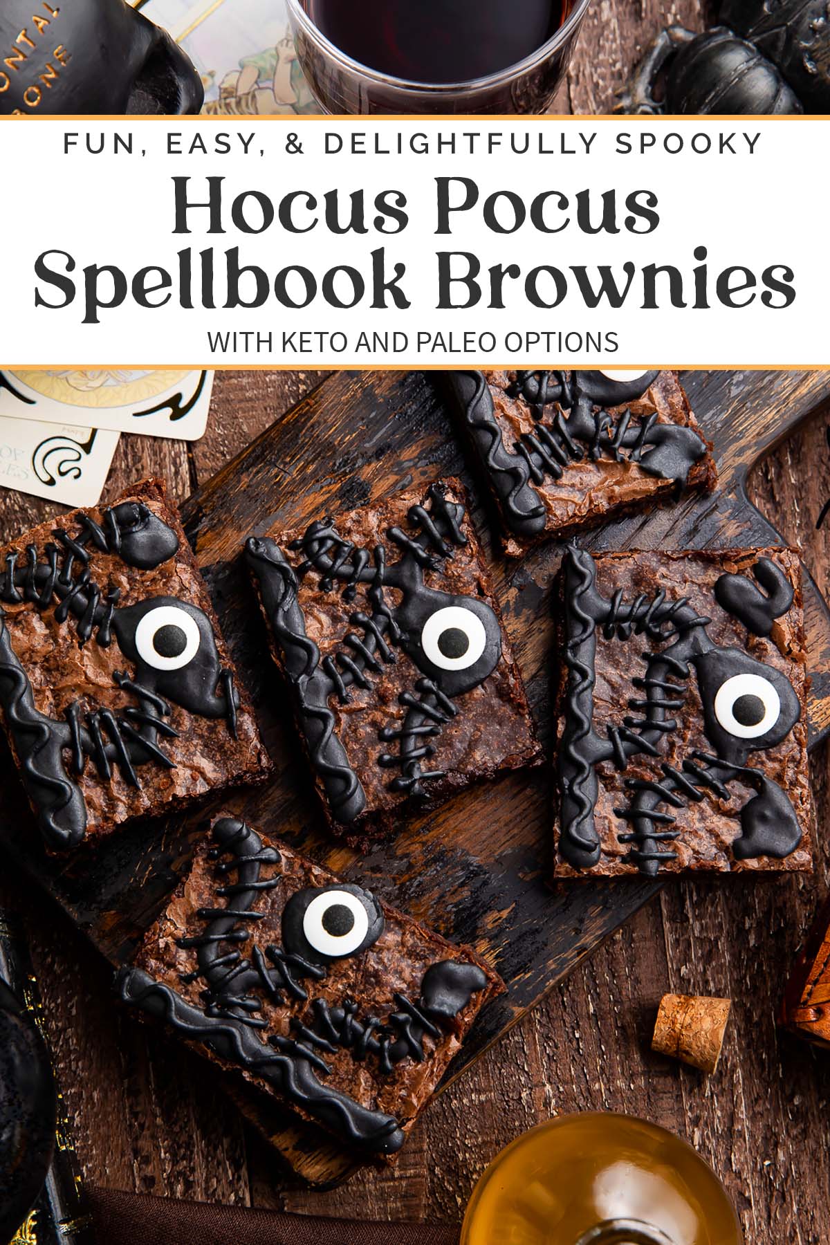 Pin graphic for Hocus Pocus spellbook brownies.