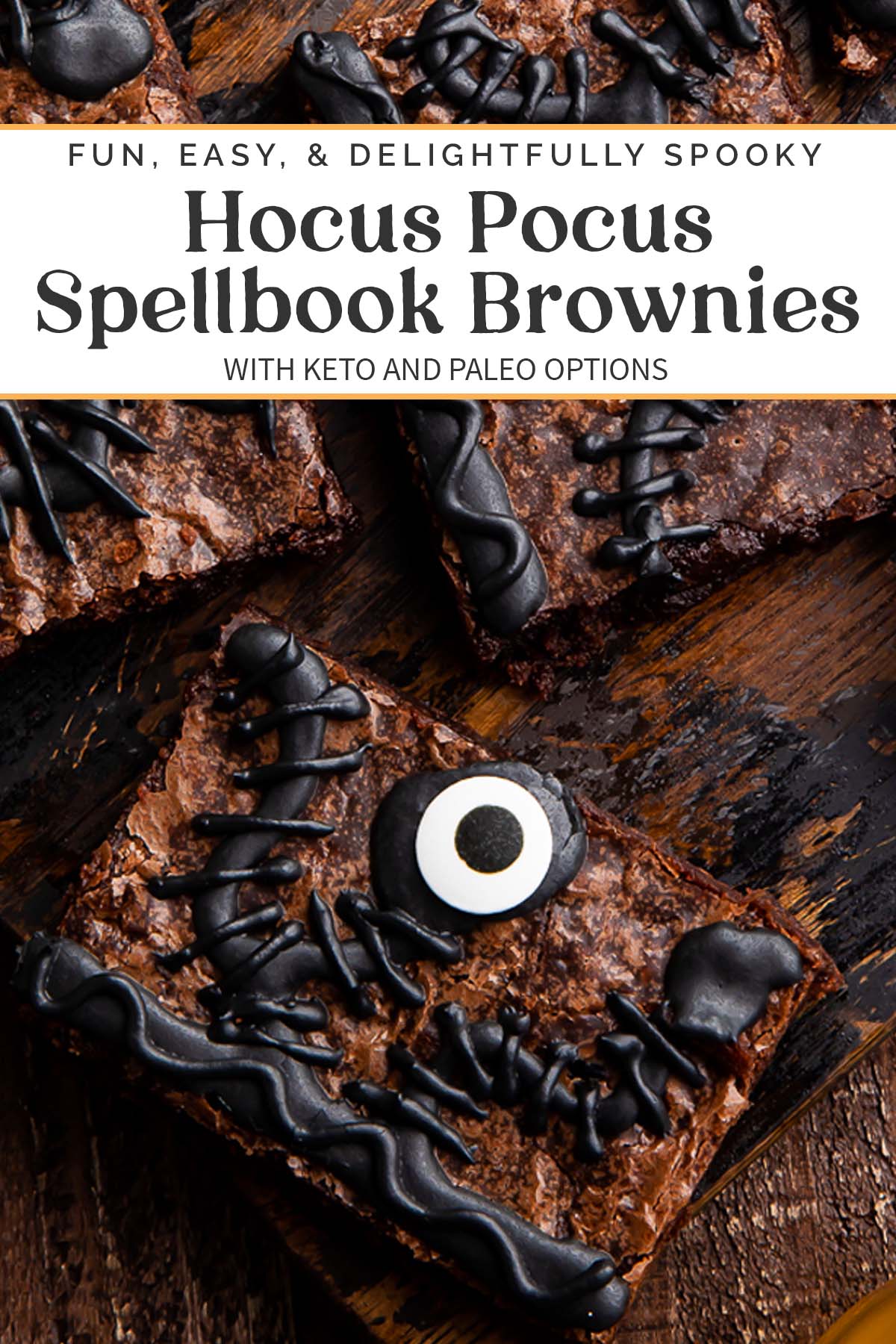 Pin graphic for Hocus Pocus spellbook brownies.