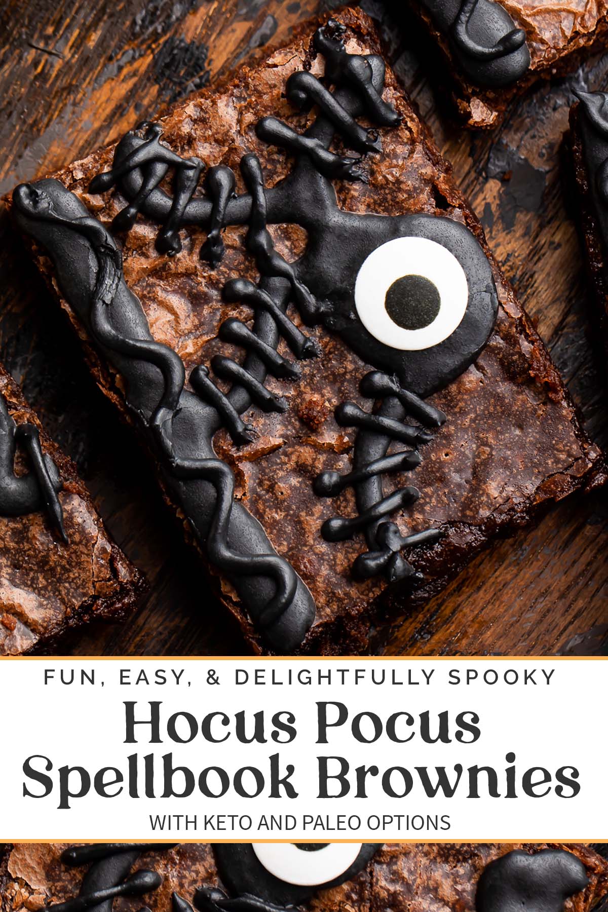 Pin graphic for Hocus Pocus spellbook brownies.