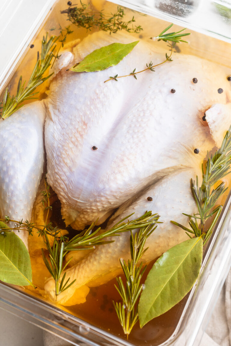 Overhead view of a rectangular container, sitting at an angle, filled with a brine, aromatics, and an uncooked turkey.