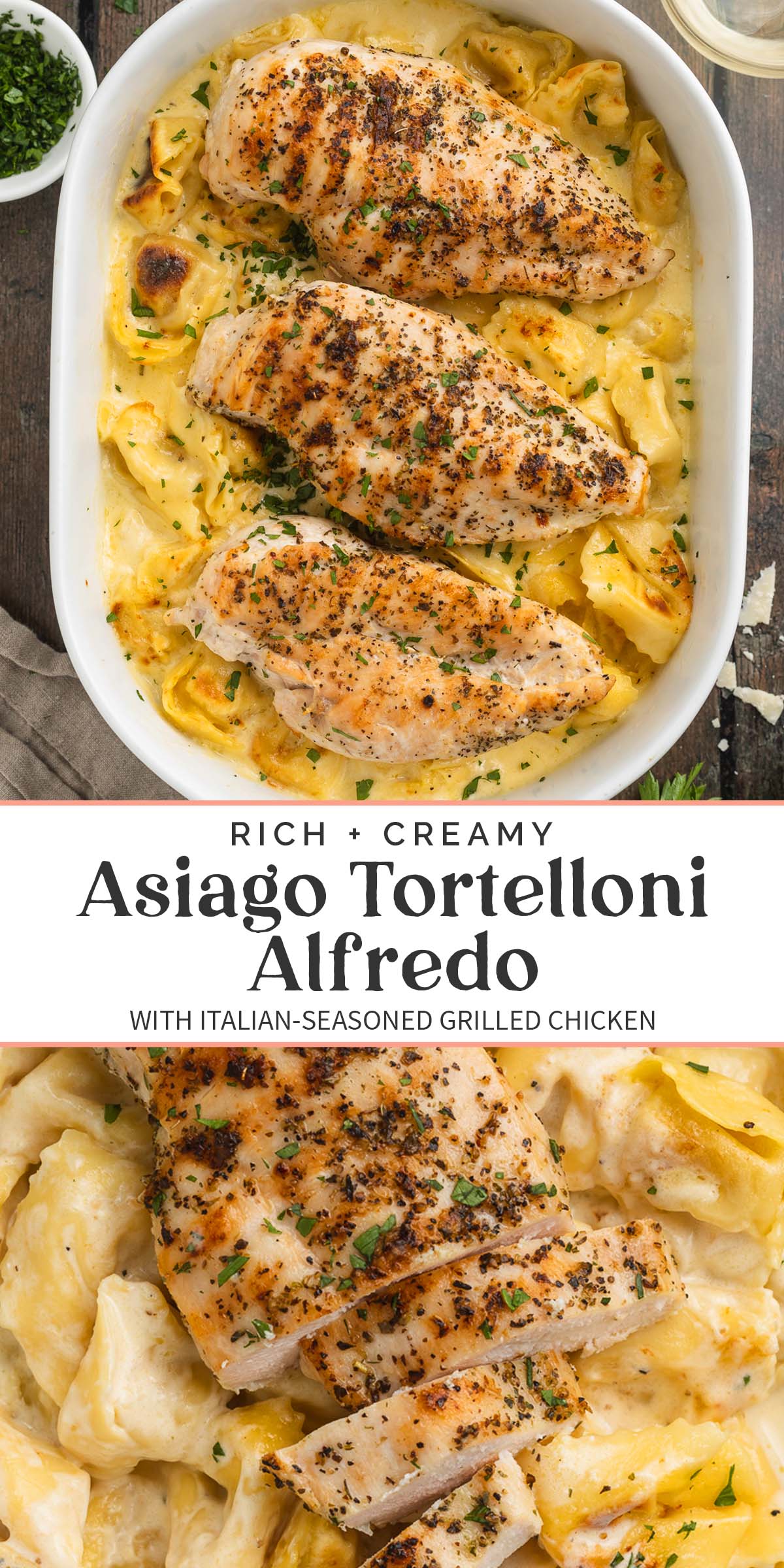 Pin graphic for asiago tortelloni alfredo.