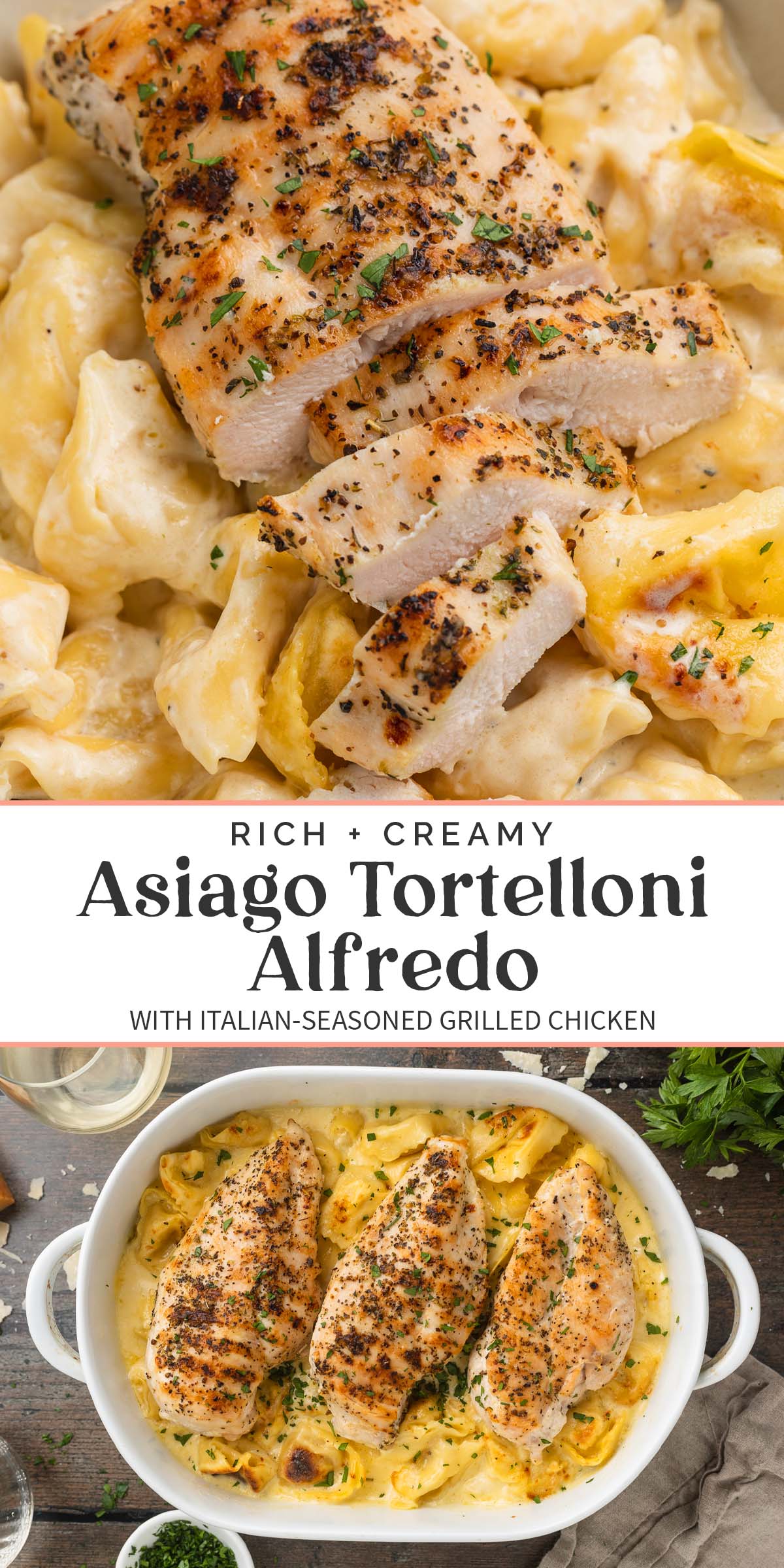 Pin graphic for asiago tortelloni alfredo.