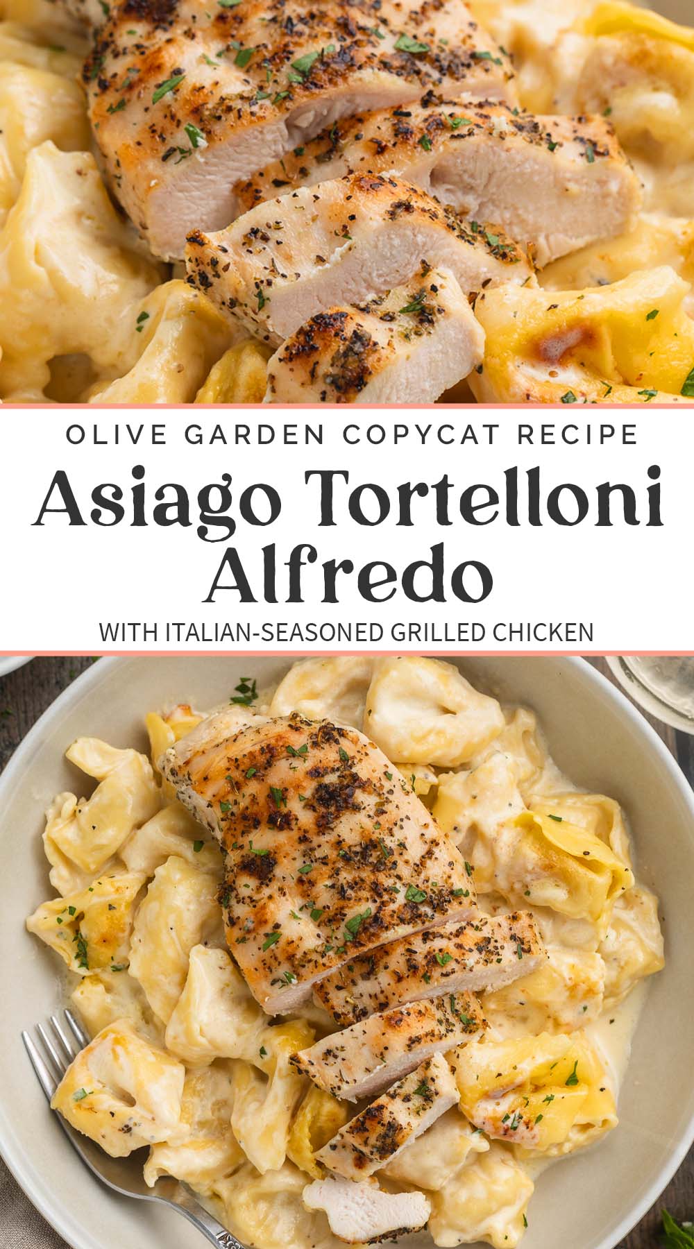 Pin graphic for asiago tortelloni alfredo.