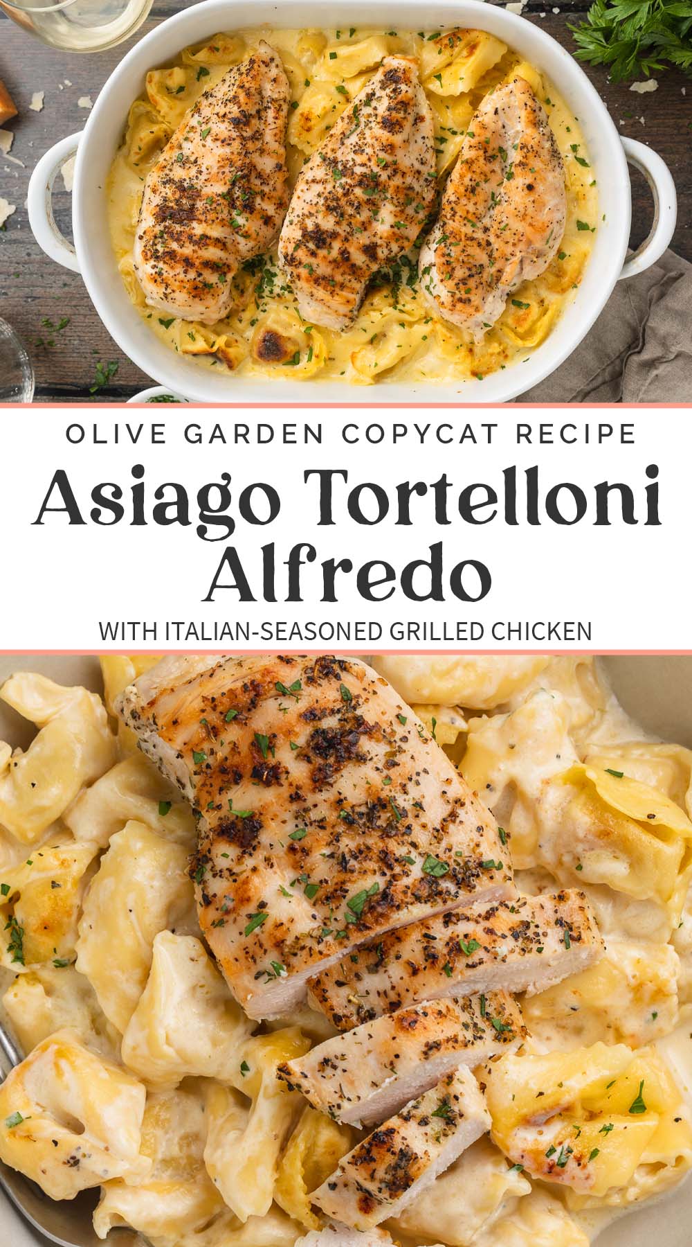 Pin graphic for asiago tortelloni alfredo.