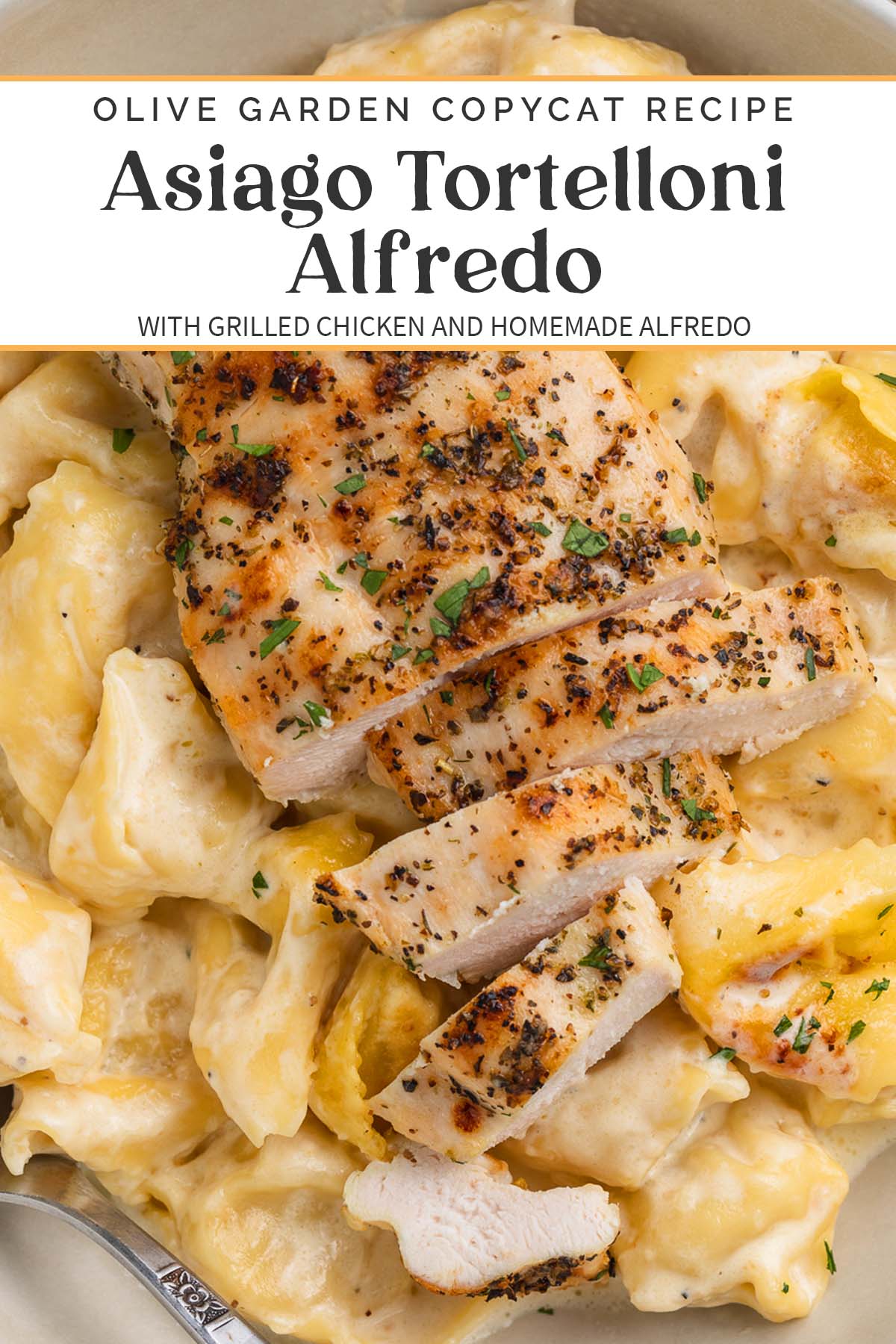 Pin graphic for asiago tortelloni alfredo.