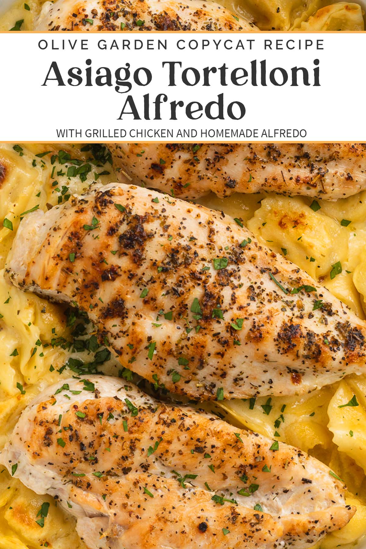 Pin graphic for asiago tortelloni alfredo.