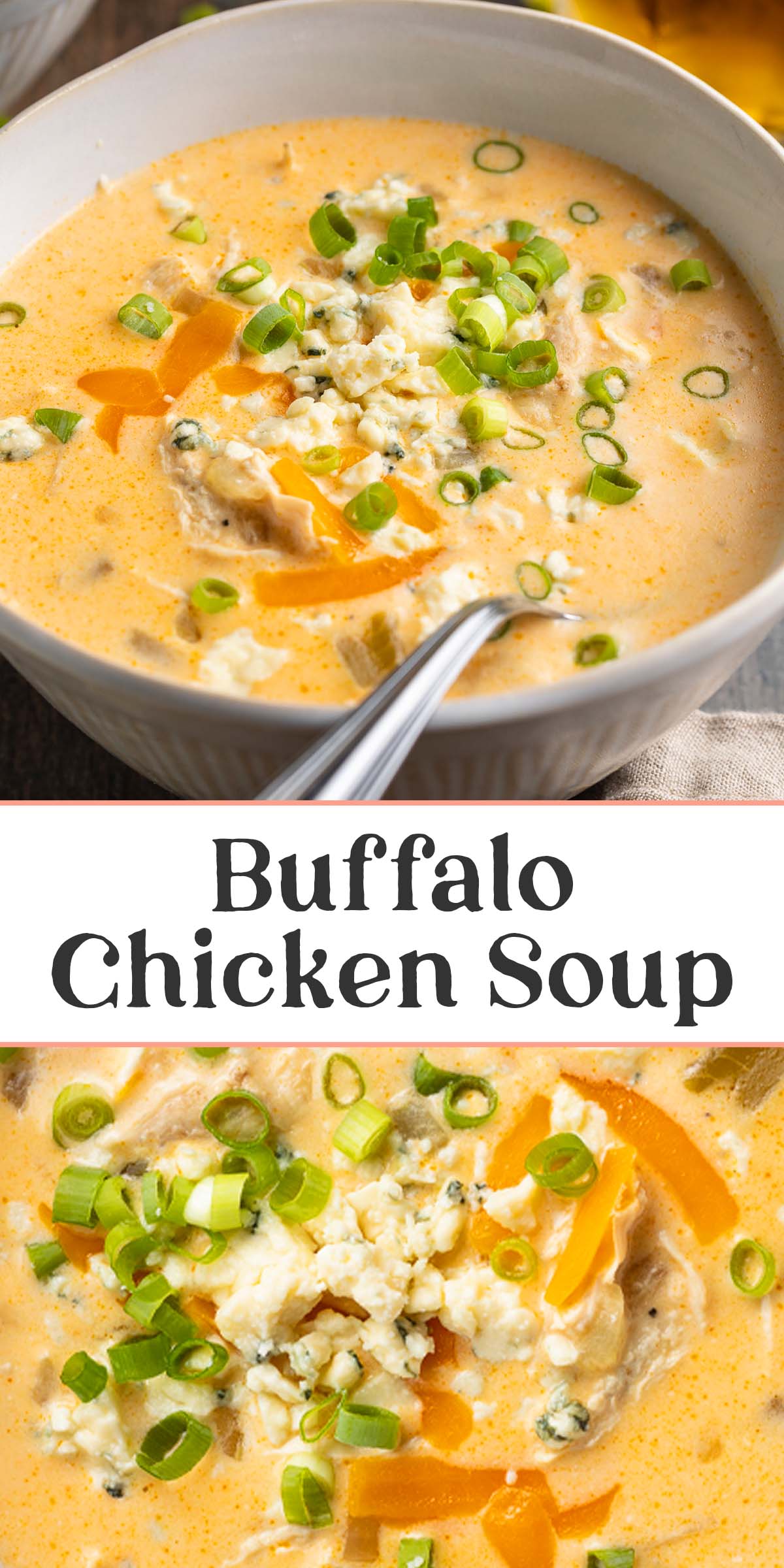 Pin graphic for buffalo chicken soup.