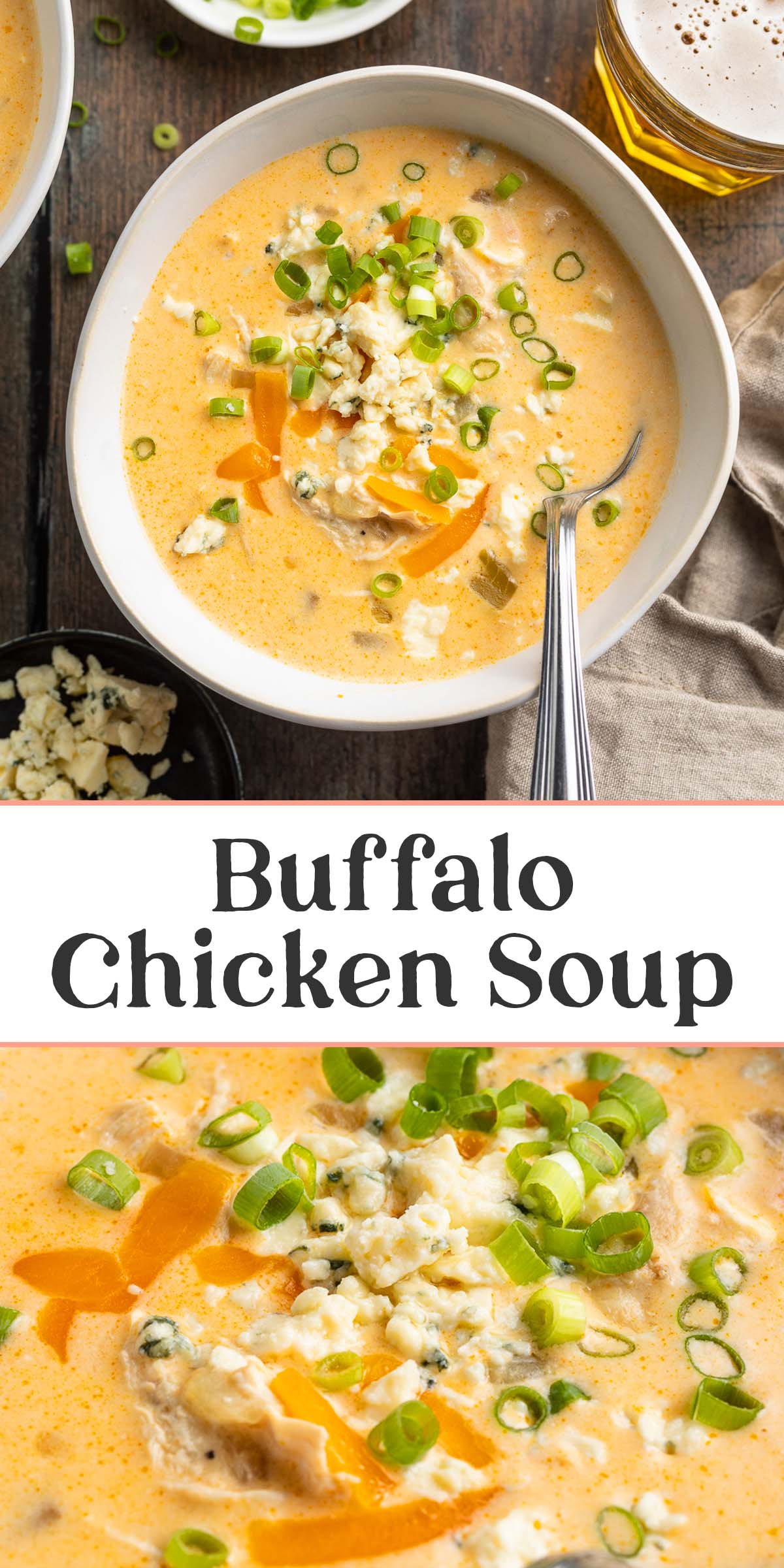 Pin graphic for buffalo chicken soup.