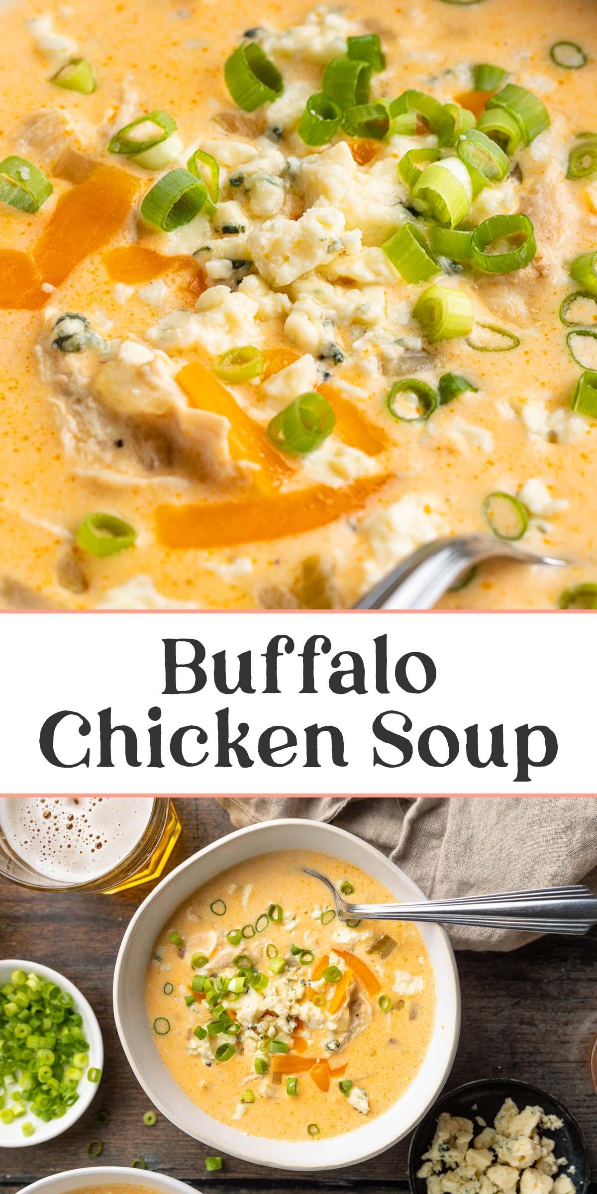 Pin graphic for buffalo chicken soup.