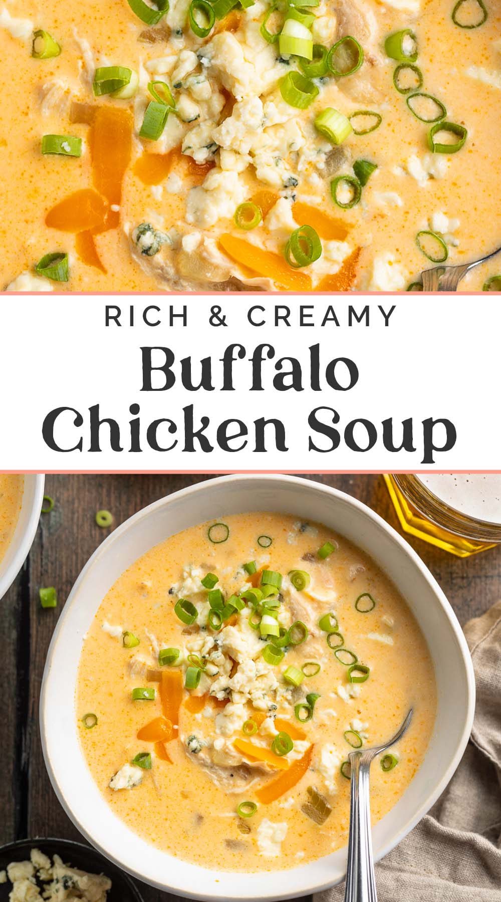 Pin graphic for buffalo chicken soup.