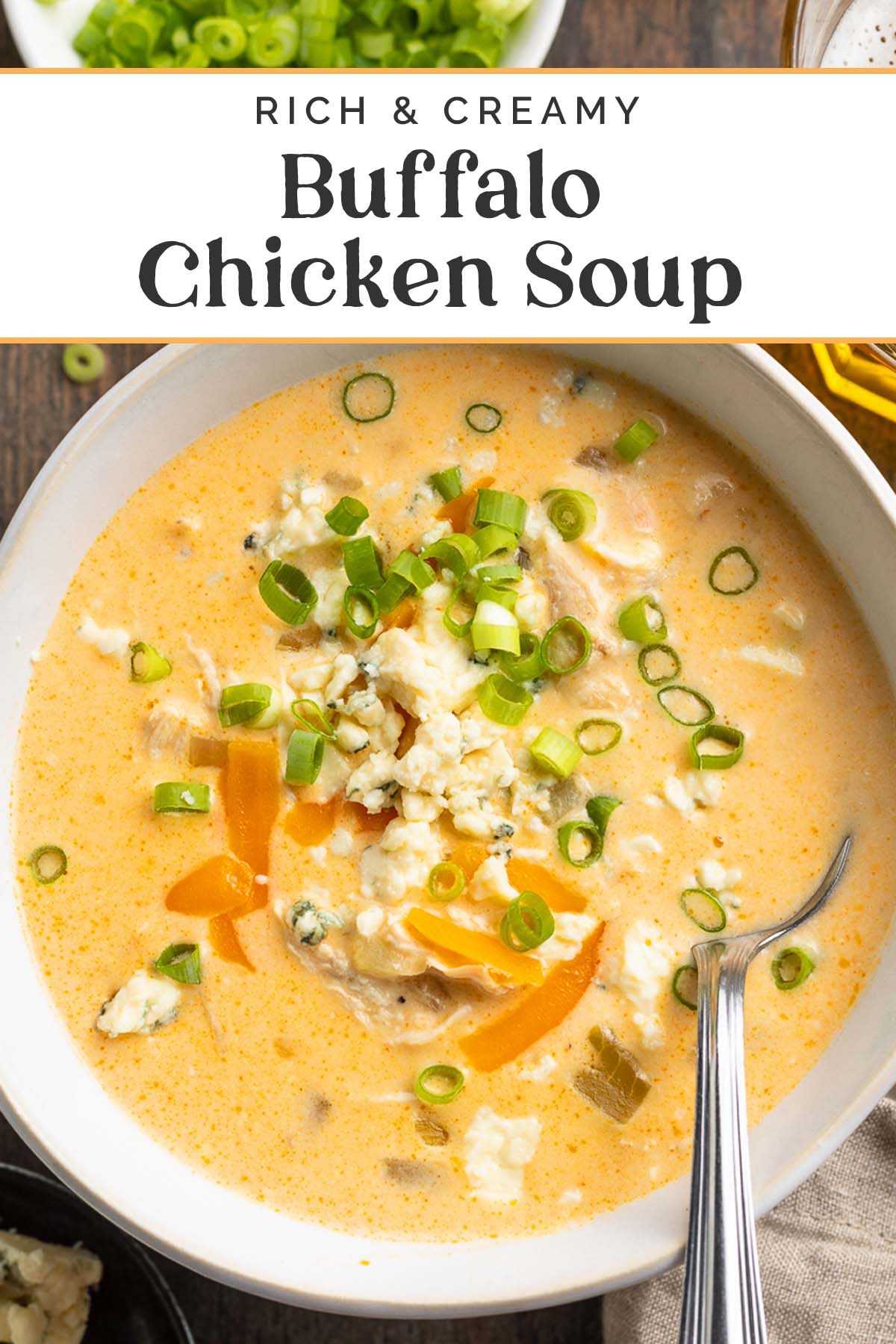 Pin graphic for buffalo chicken soup.