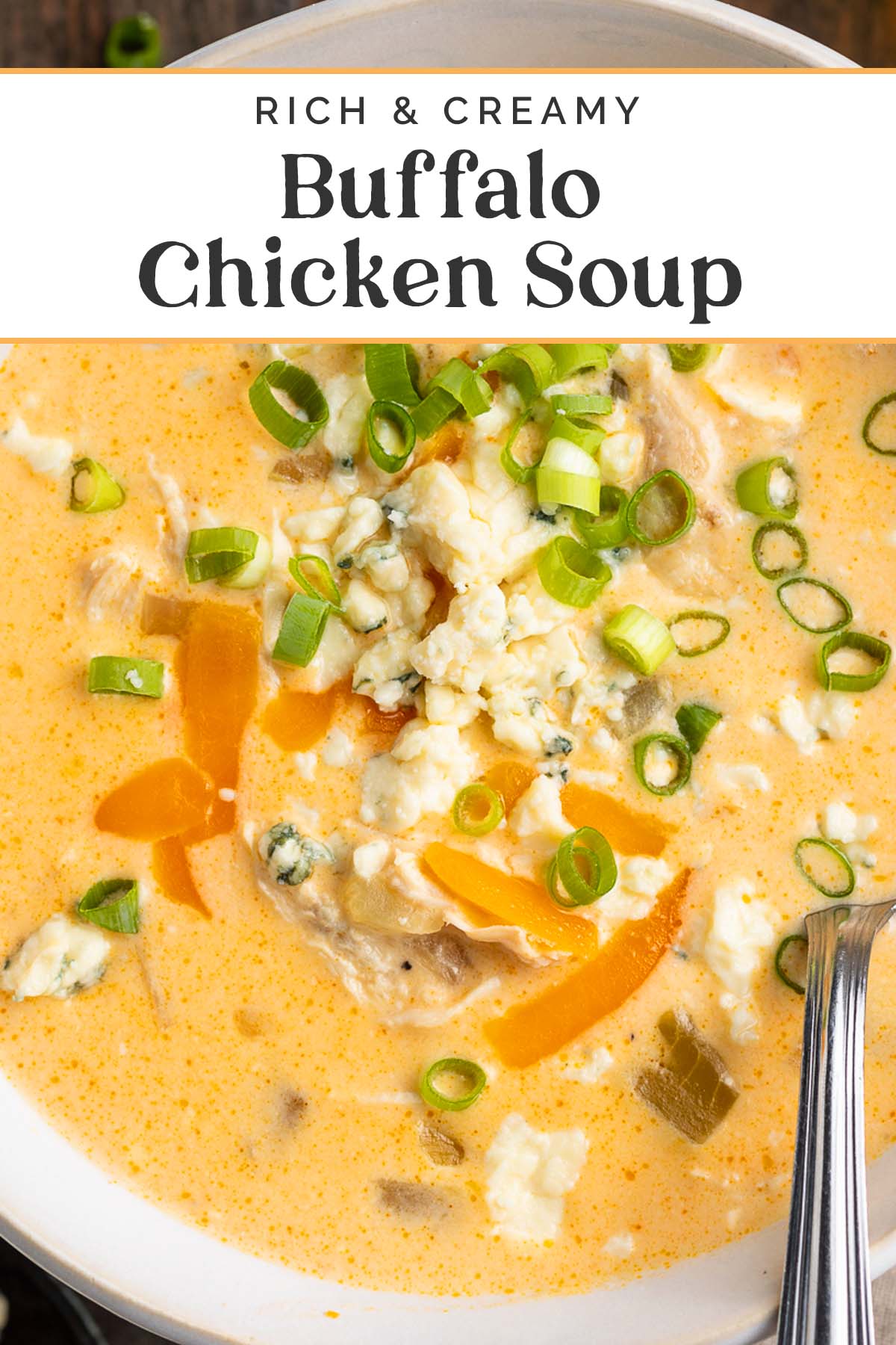 Pin graphic for buffalo chicken soup.