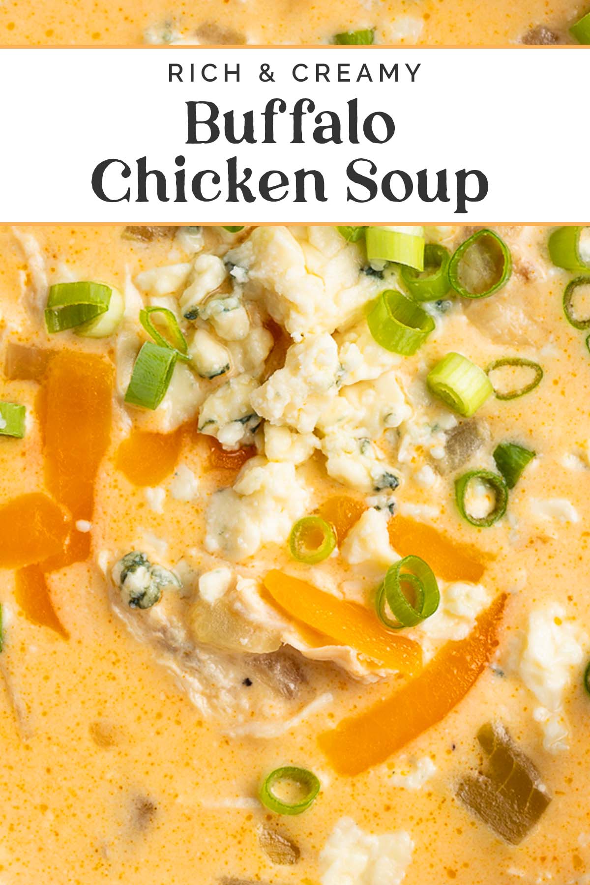 Pin graphic for buffalo chicken soup.