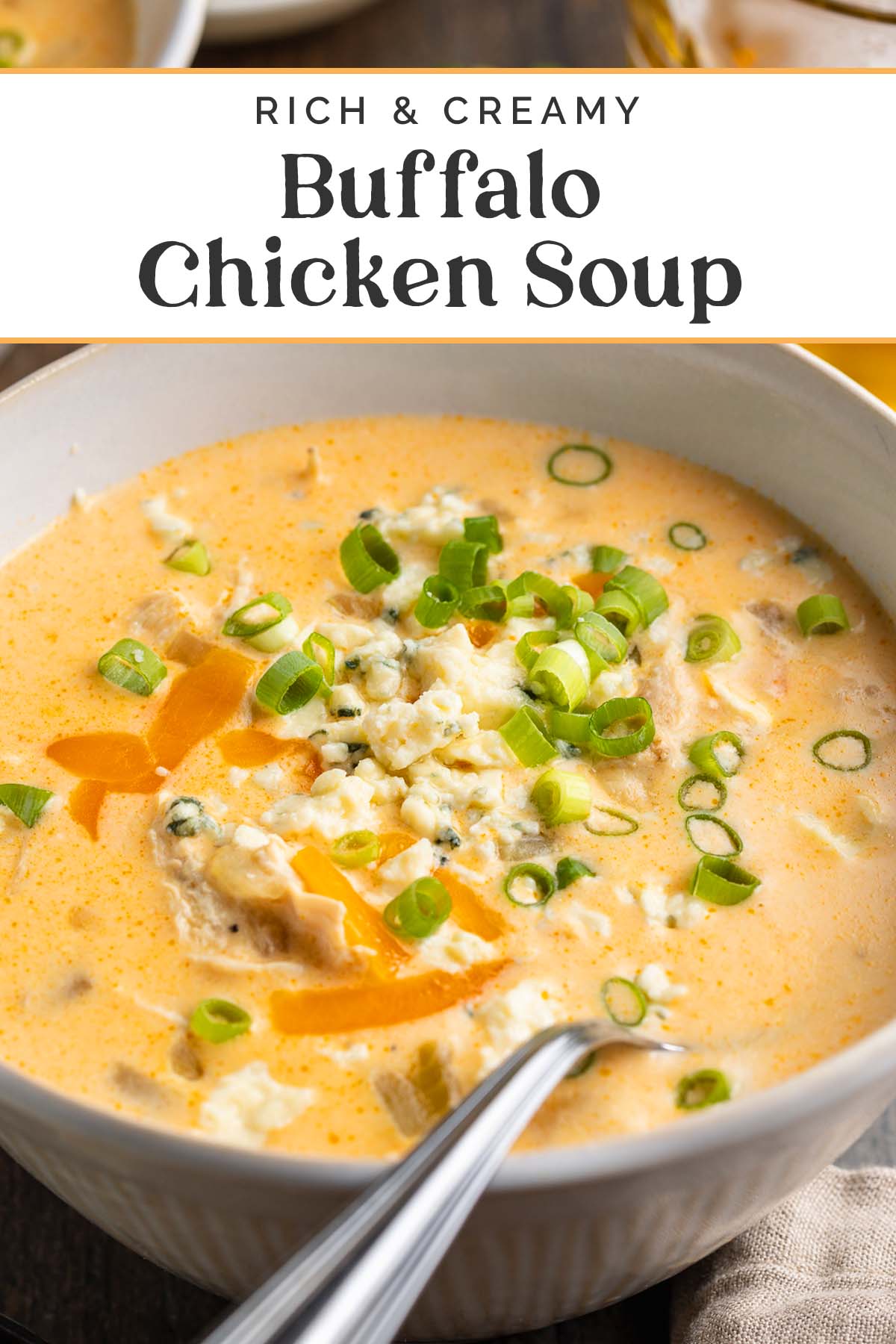 Pin graphic for buffalo chicken soup.