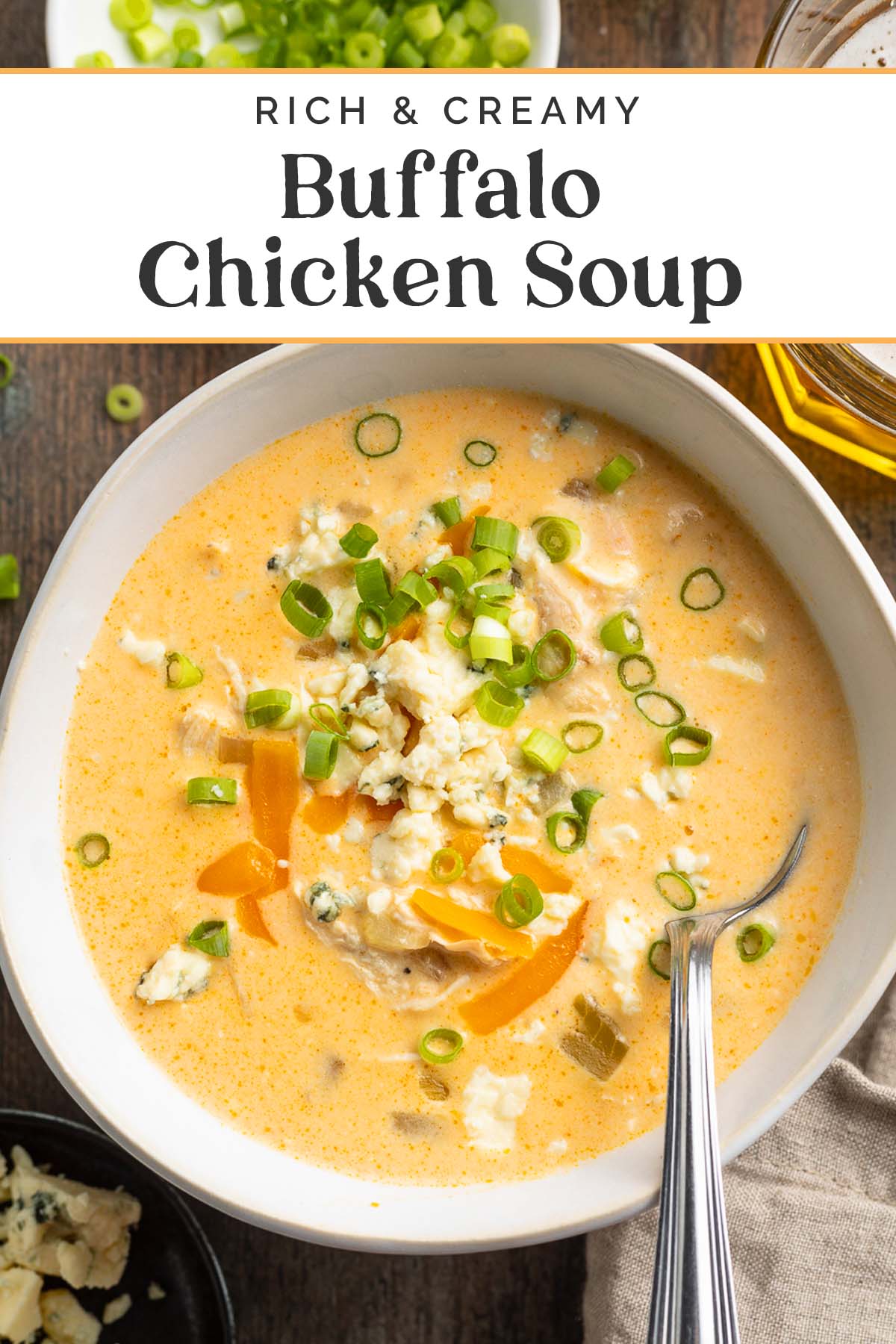 Pin graphic for buffalo chicken soup.