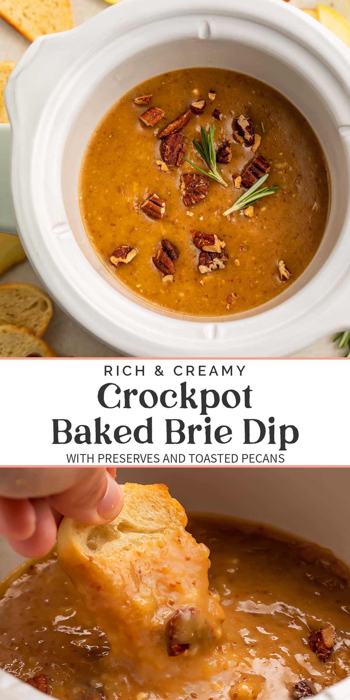 Pin graphic for Crockpot baked brie dip.