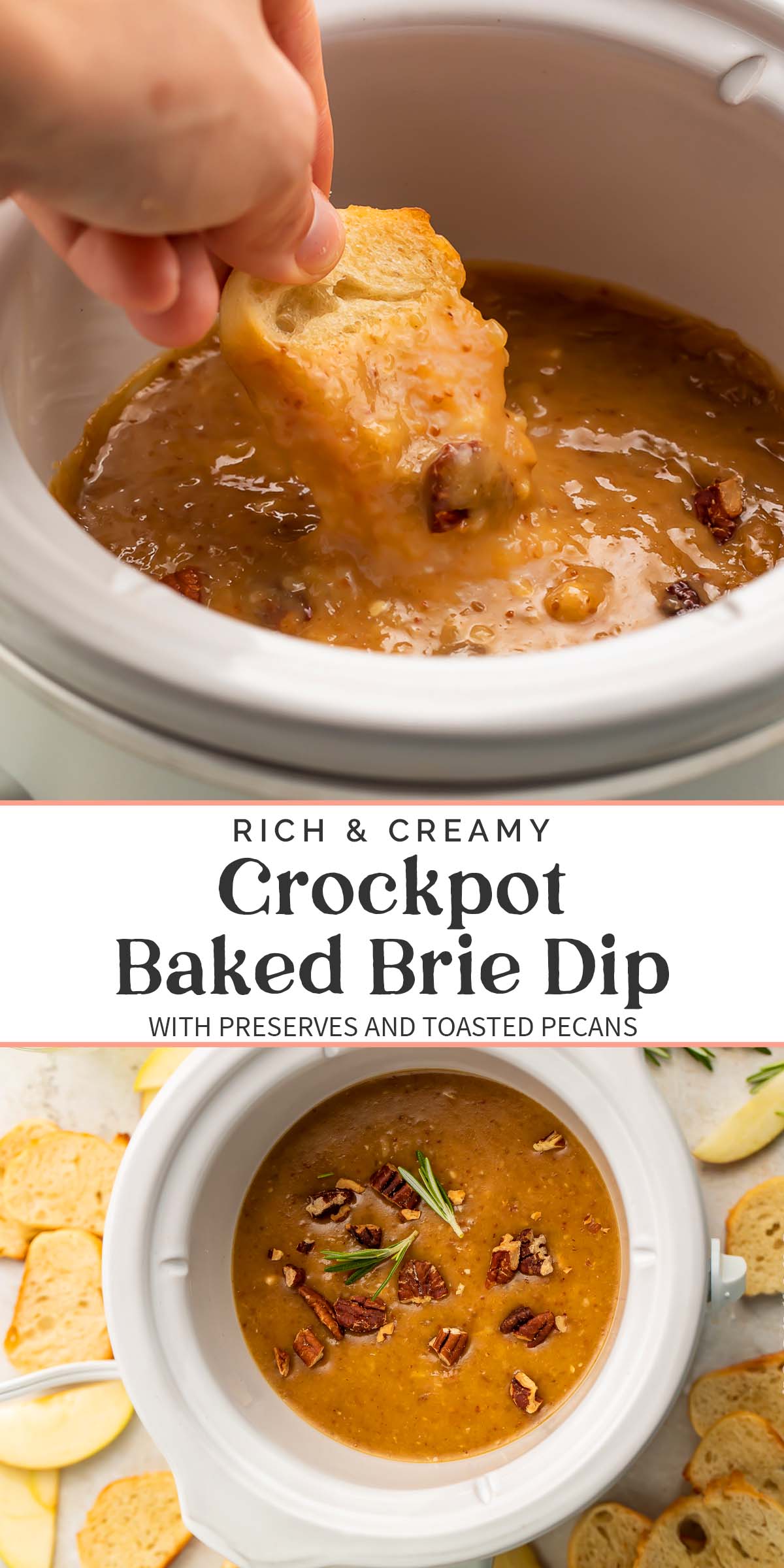 Pin graphic for Crockpot baked brie dip.