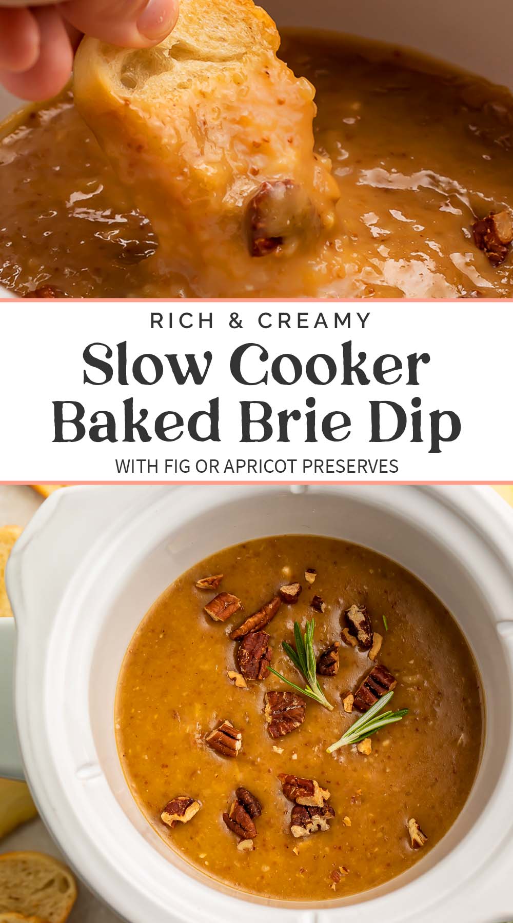 Pin graphic for Crockpot baked brie dip.