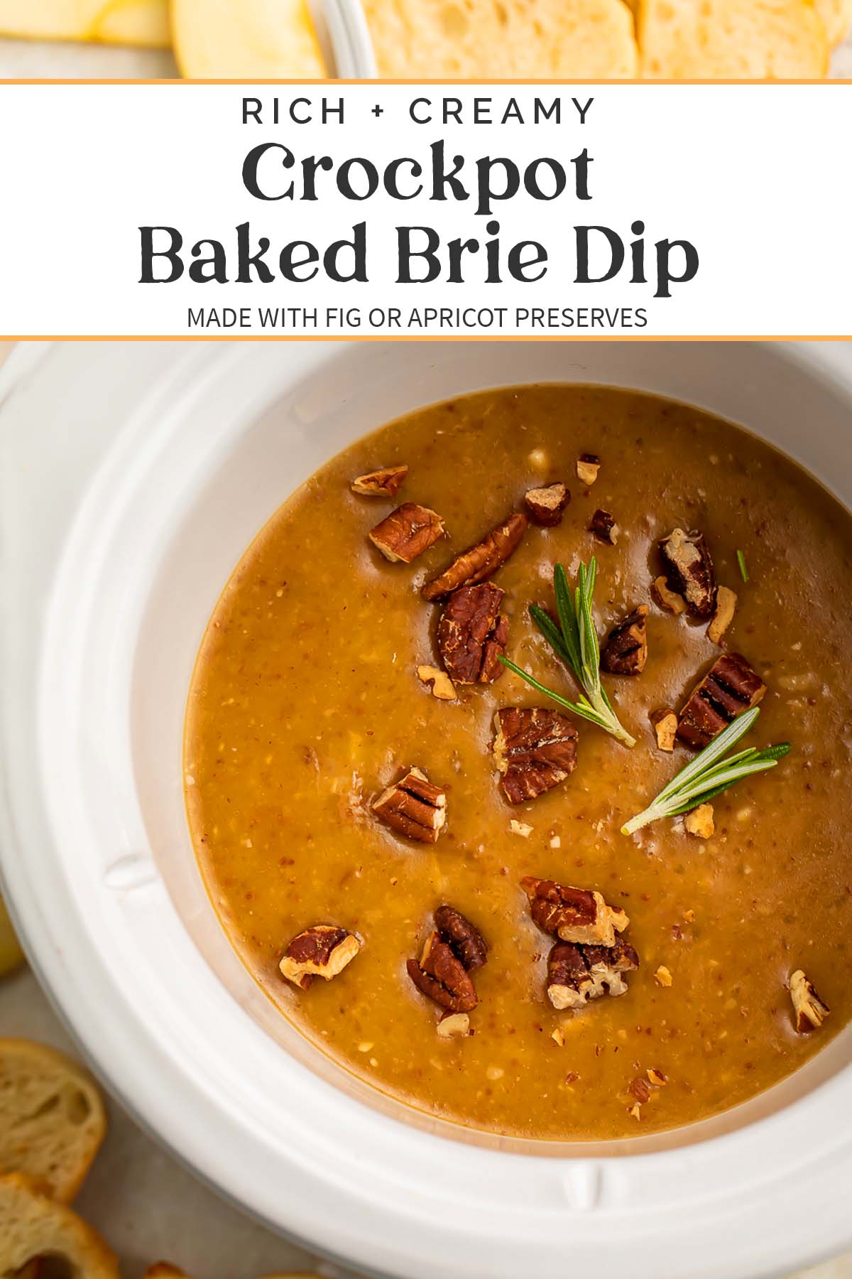 Pin graphic for Crockpot baked brie dip.