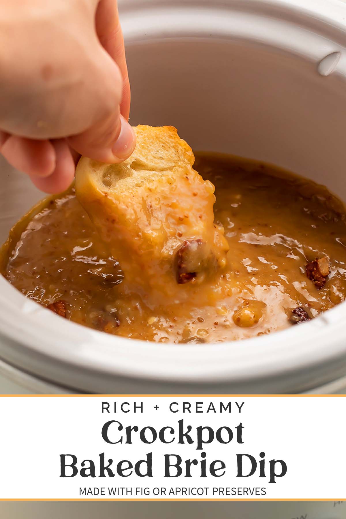 Pin graphic for Crockpot baked brie dip.