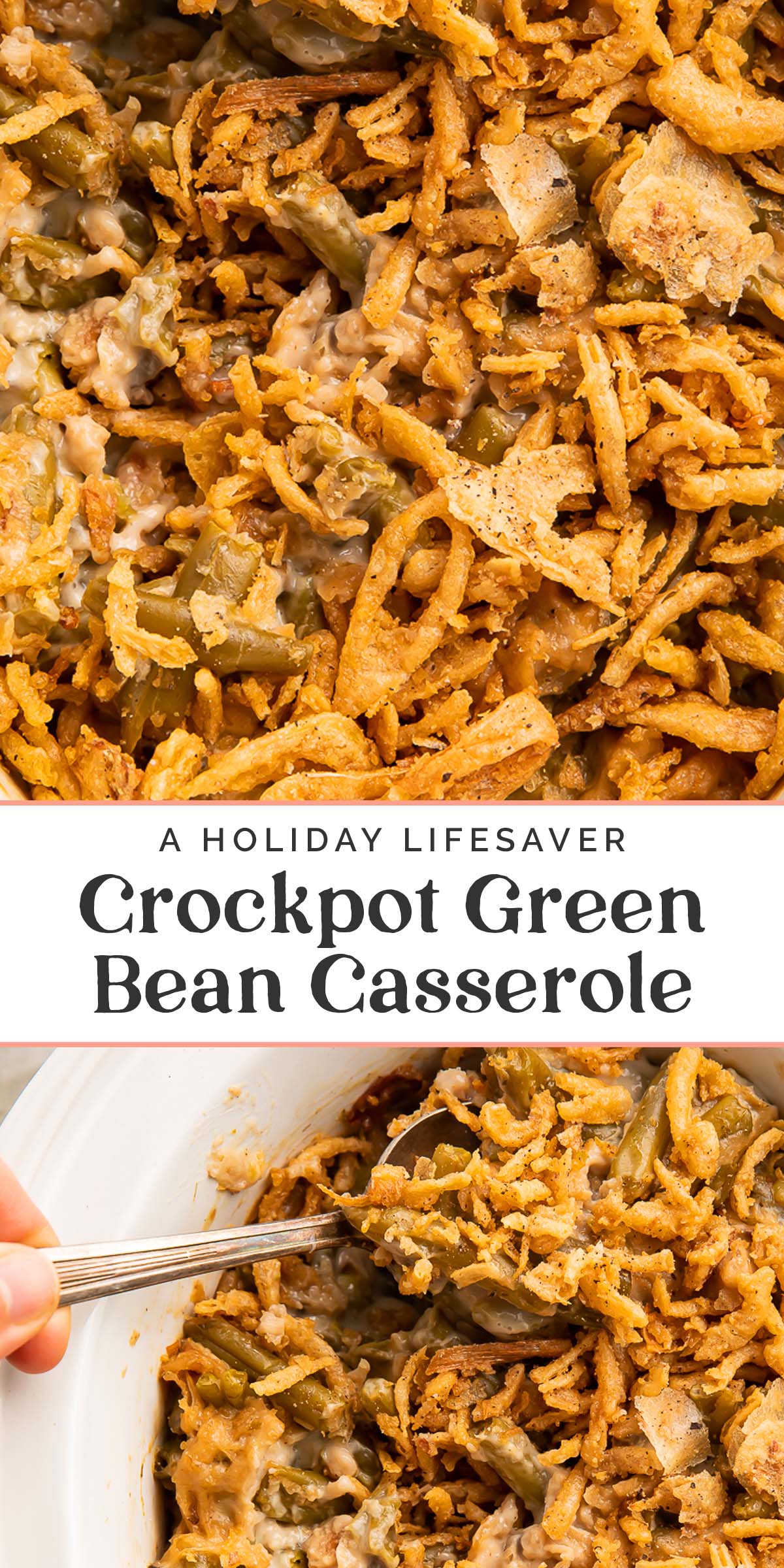 Pin graphic for Crockpot green bean casserole.