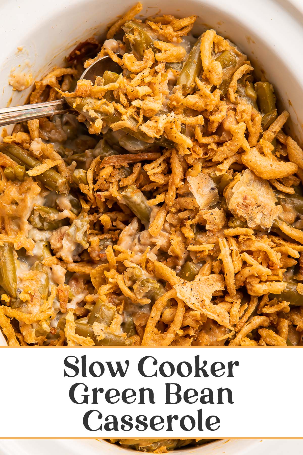 Pin graphic for Crockpot green bean casserole.