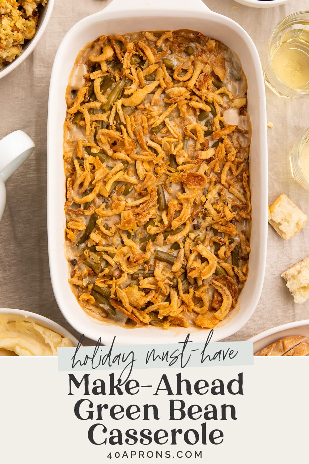 Pin graphic for make-ahead green bean casserole.