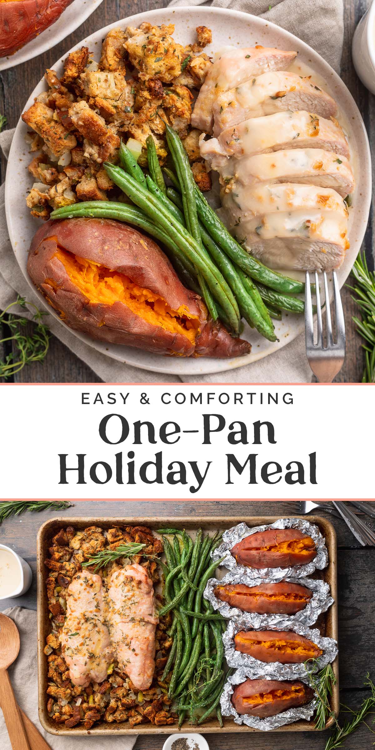 Pin graphic for one-pan holiday meal.