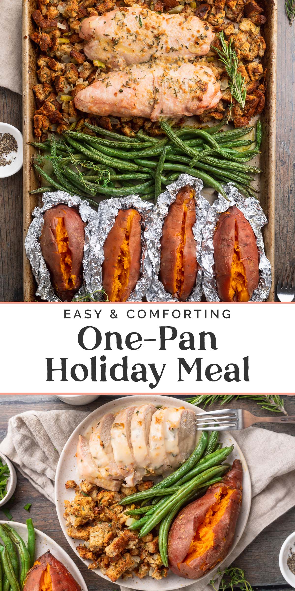 Pin graphic for one-pan holiday meal.