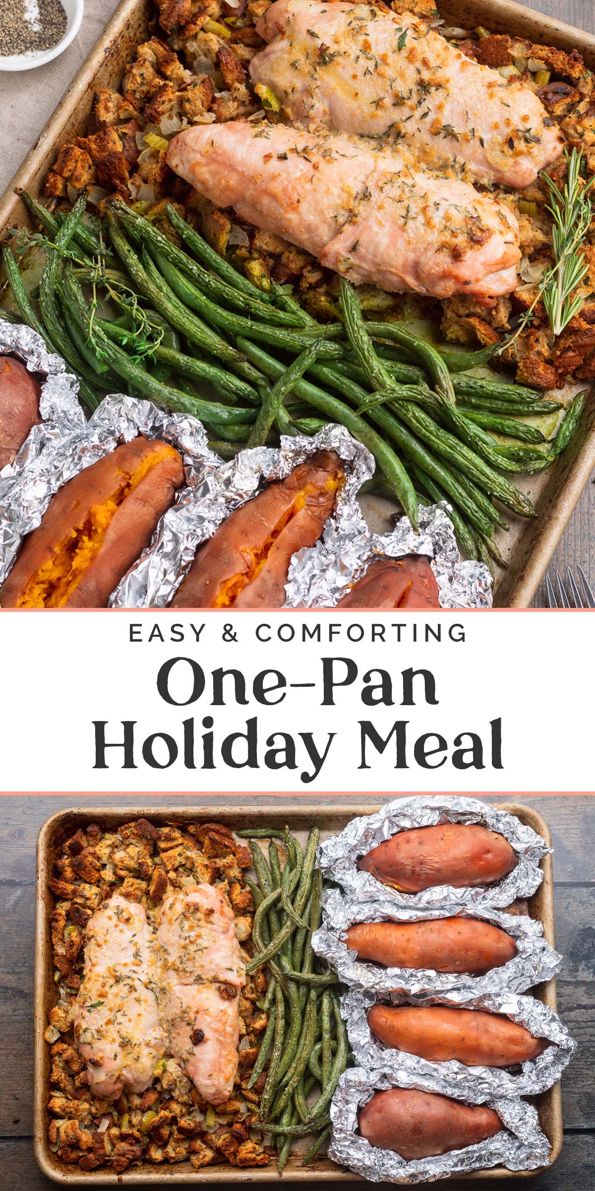 Pin graphic for one-pan holiday meal.